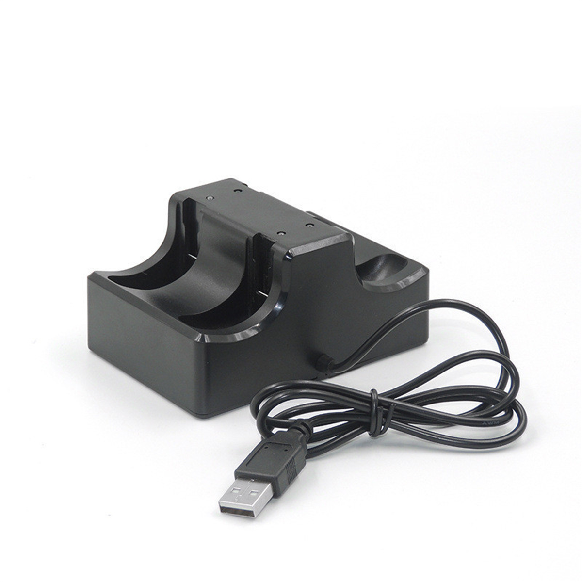 Eine schwarze Ladestation mit USB-Kabel vor weißem Hintergrund.