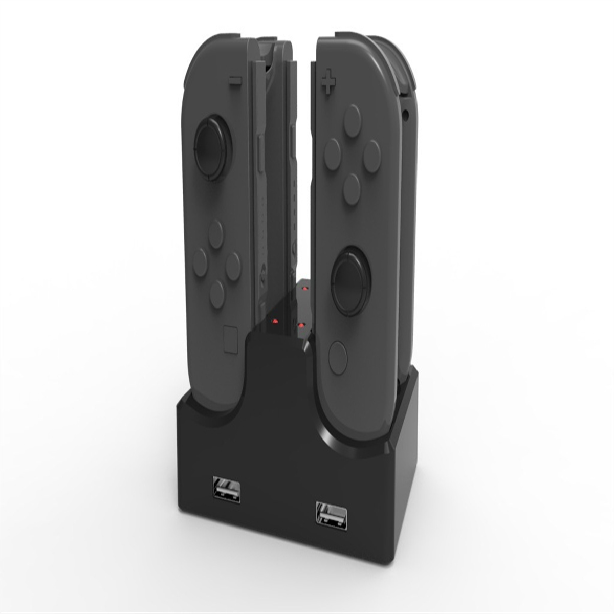 Schwarzes Switch Joy-Con Ladegerät. Zwei Joy-Cons werden geladen. Zwei USB-Anschlüsse sind sichtbar.