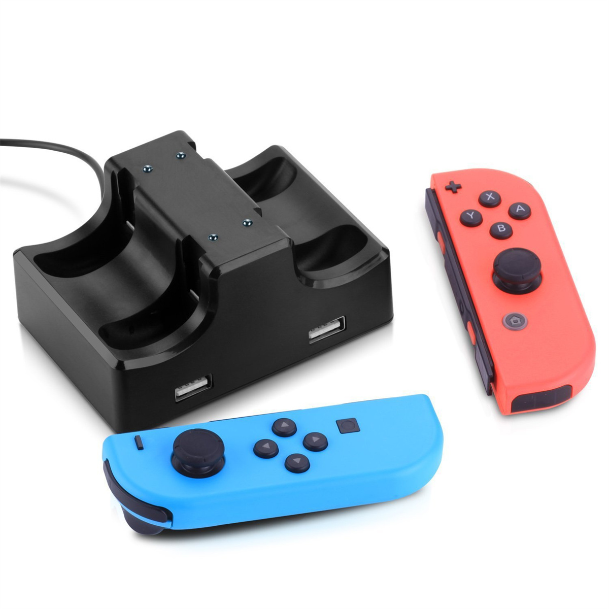 Schwarze Ladestation mit zwei Joy-Con-Controllern und einem blauen Joy-Con.