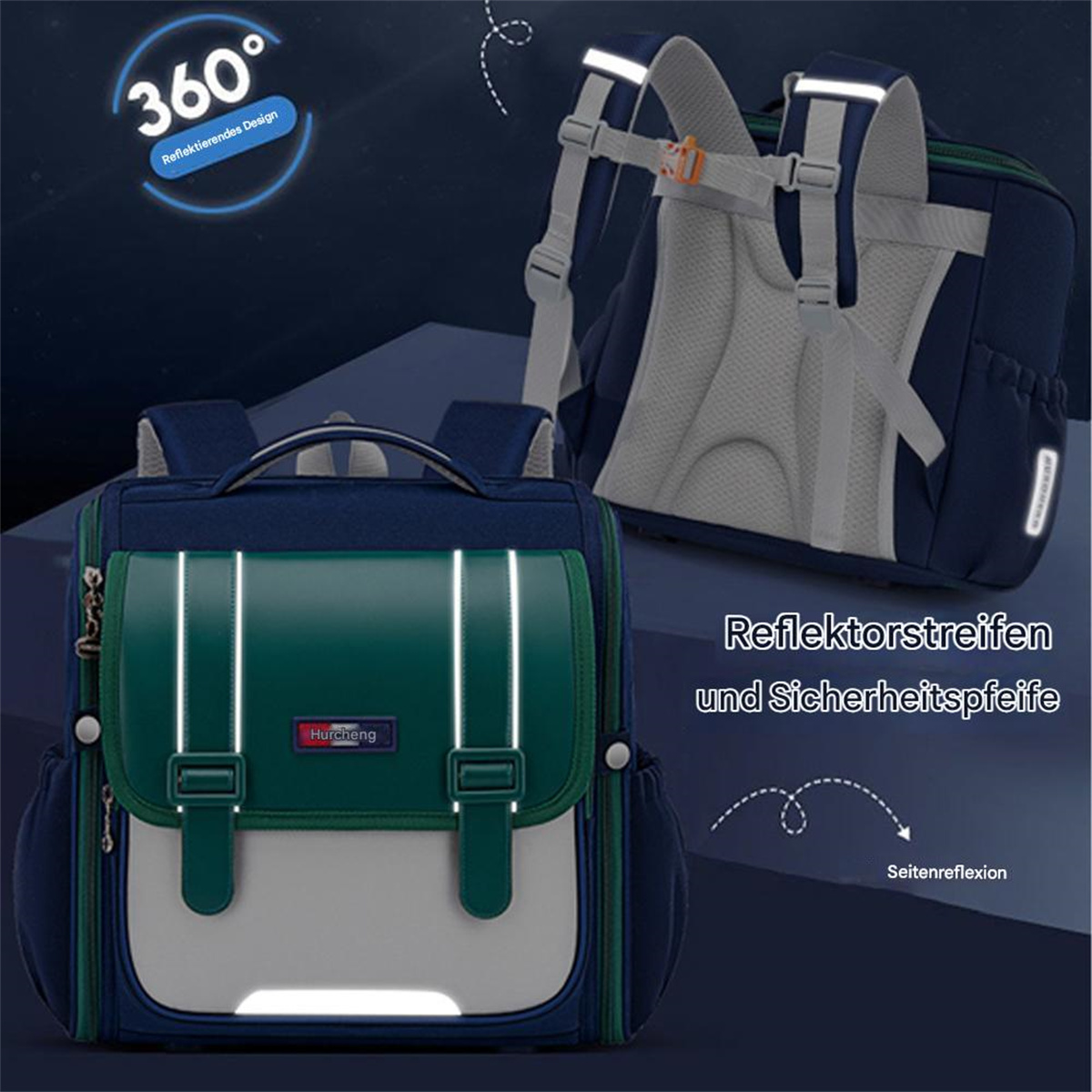 Ein blau-grüner Rucksack mit weißen reflektierenden Streifen. Ein weiterer Rucksack erscheint im Hintergrund.