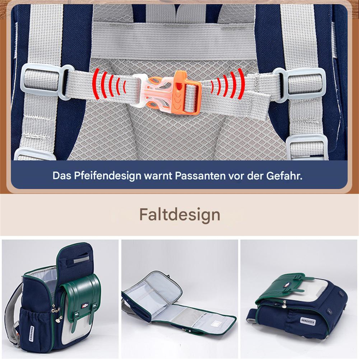 Faltbarer Rucksack mit Sicherheitsdesign, mit mehreren Ansichten, ein Kindersicherheitsartikel.