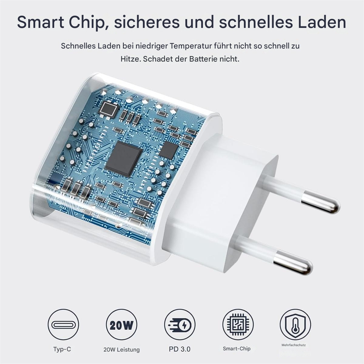Ein weißes Ladegerät mit einer Leiterplattenillustration und einem USB-C-Anschluss. Weißer Hintergrund.