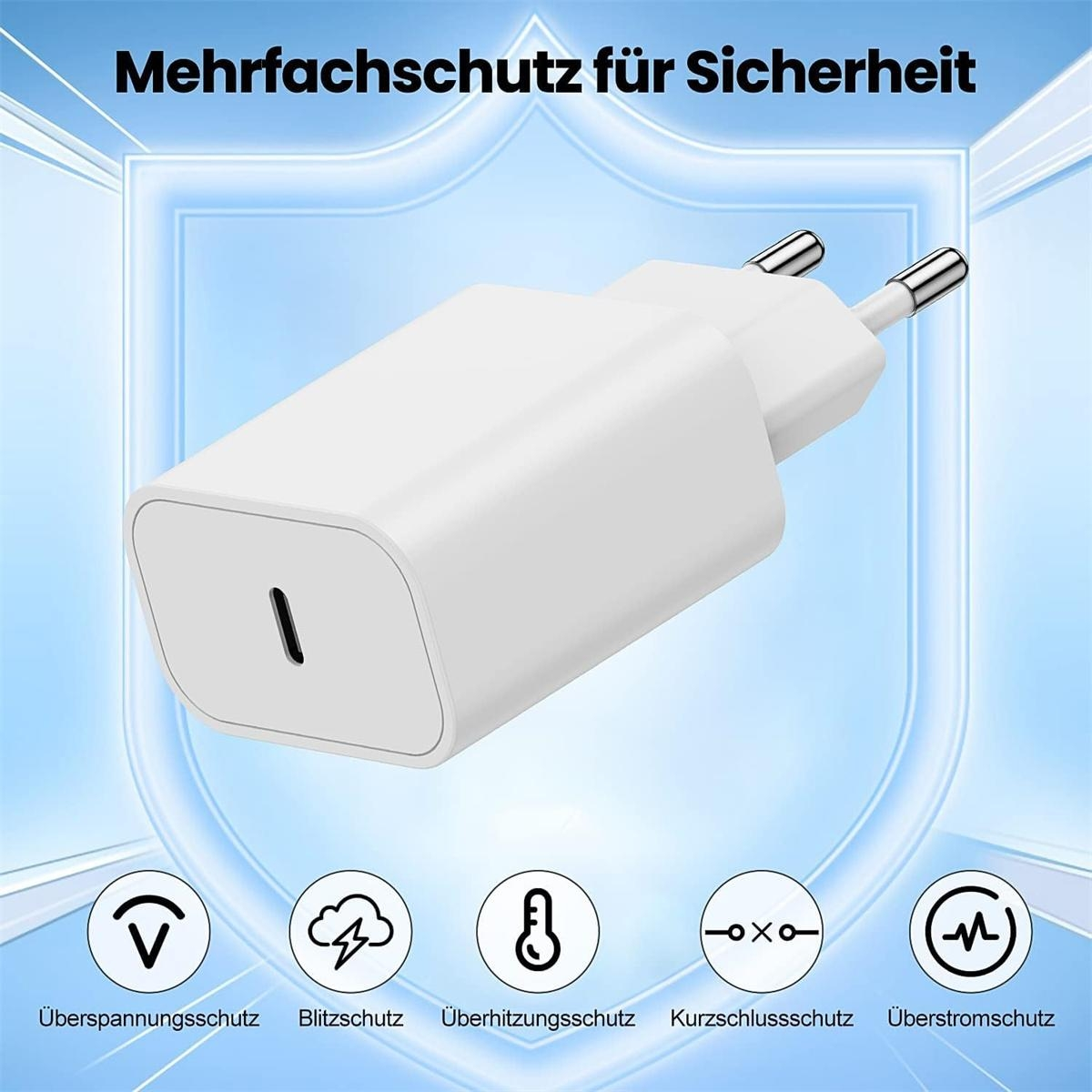 Ein weißes Ladegerät mit USB-C-Anschluss und zweipoligem Stecker, mit Sicherheitssymbolen drumherum.