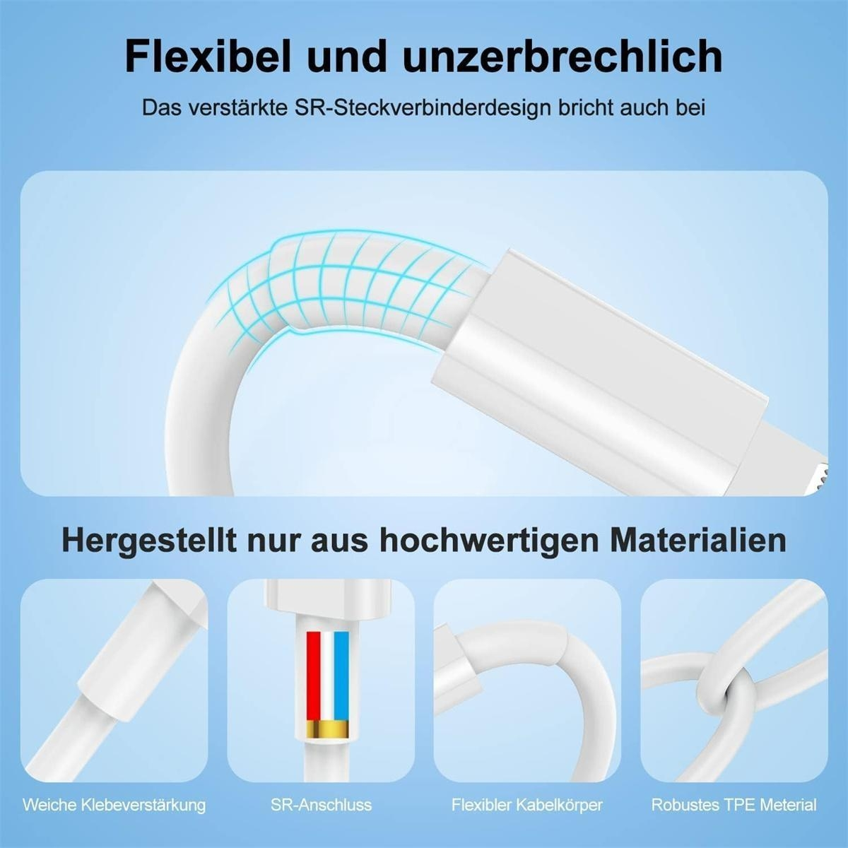 Weißes Ladekabel mit verschiedenen Kabelenden, zeigt Flexibilität und Haltbarkeit.