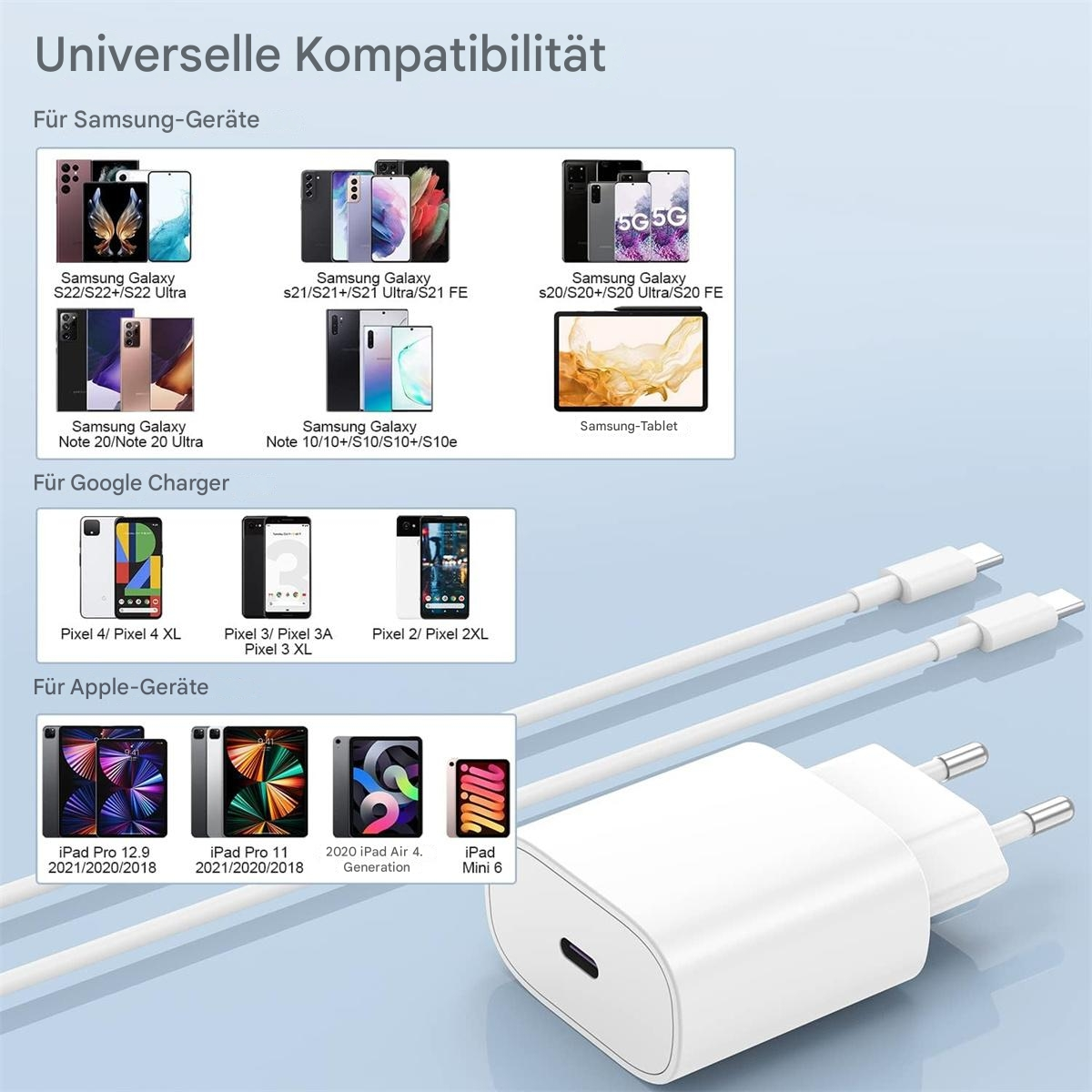 Weißes Ladegerät und Kabel mit einer Diagramm von Telefonen und Tablets, die Kompatibilität zeigen.