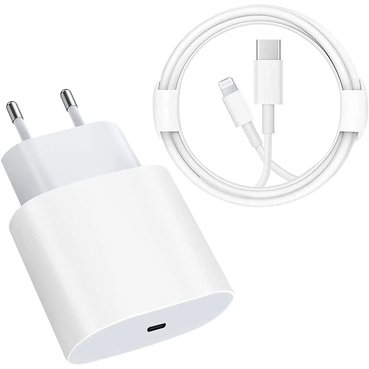 Weißes Telefonladegerät mit Ladekabel und europäischem Stecker.