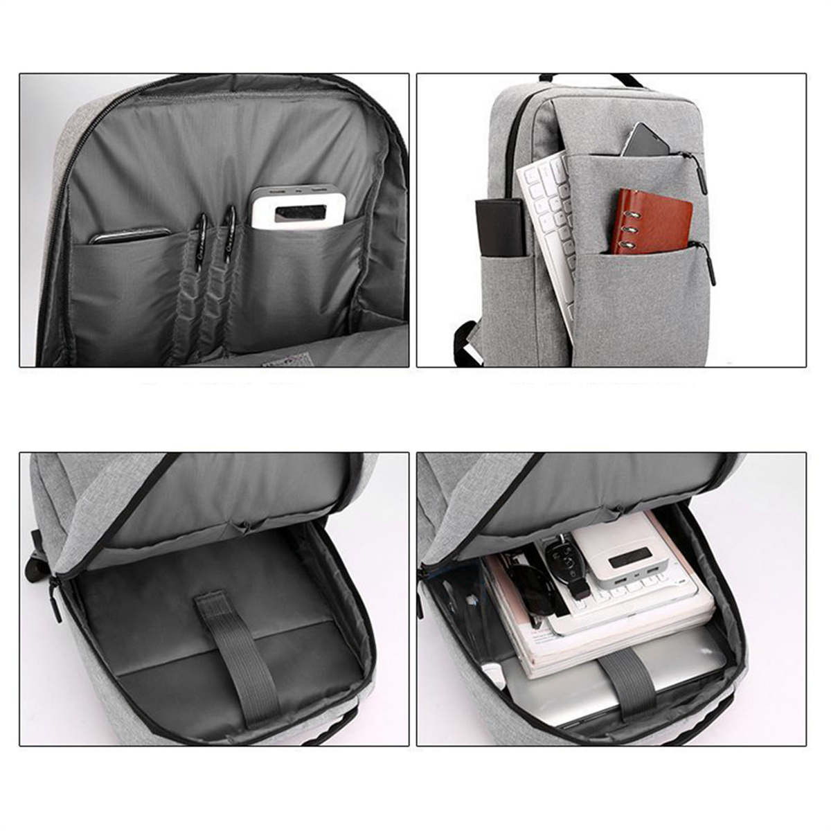 Mehrere Ansichten eines grauen Rucksacks, der seine Fächer und Inhalte zeigt.