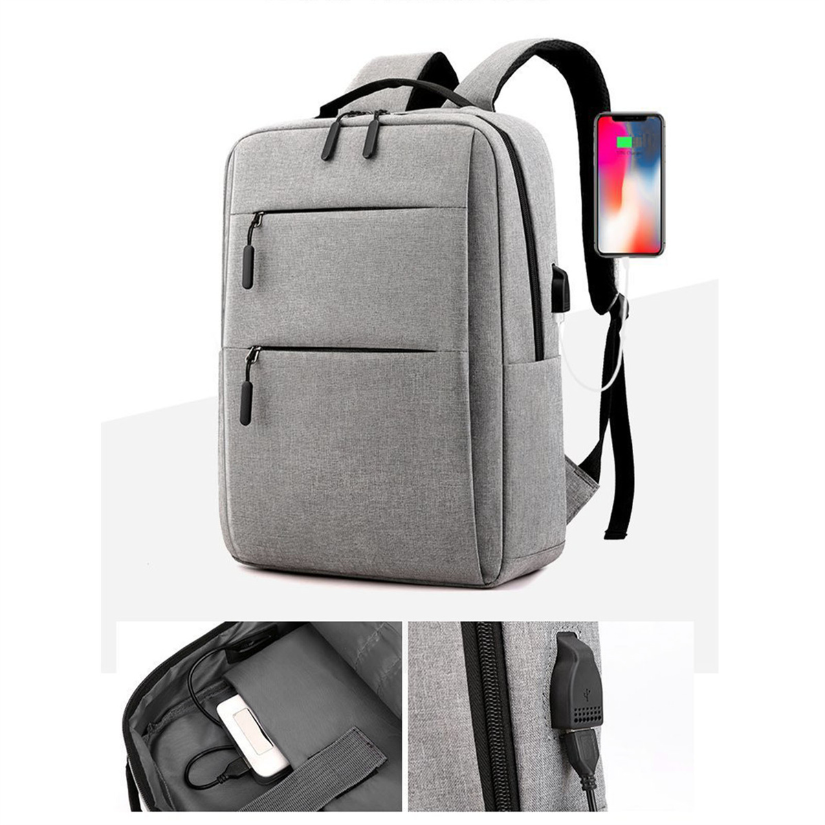 Grauer Rucksack mit USB-Anschluss. Ein Telefon wird geladen. Zwei kleinere Bilder zeigen Details.