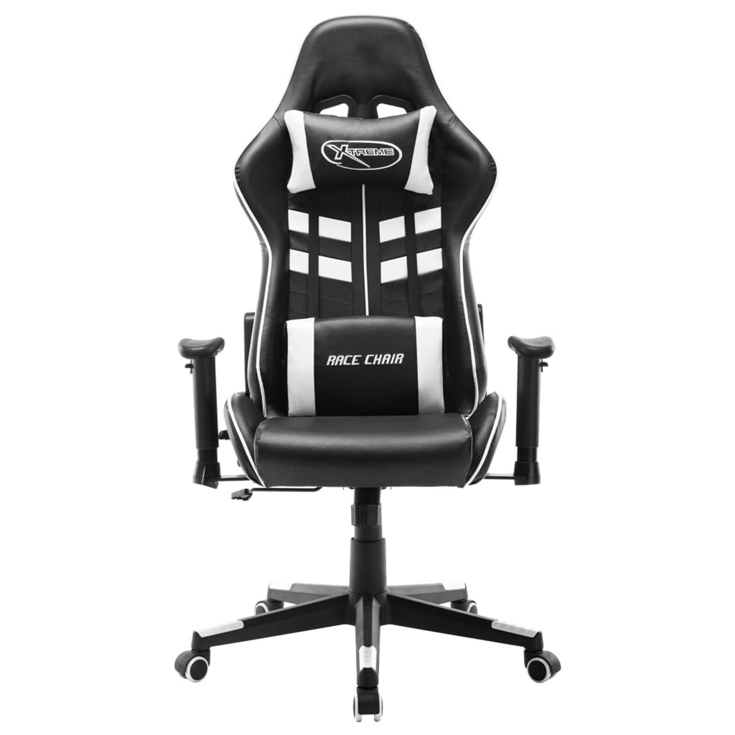 Ein schwarz-weißer Gaming-Stuhl mit Kopfstütze, Lendenwirbelstütze und Armlehnen. Weißer Hintergrund.