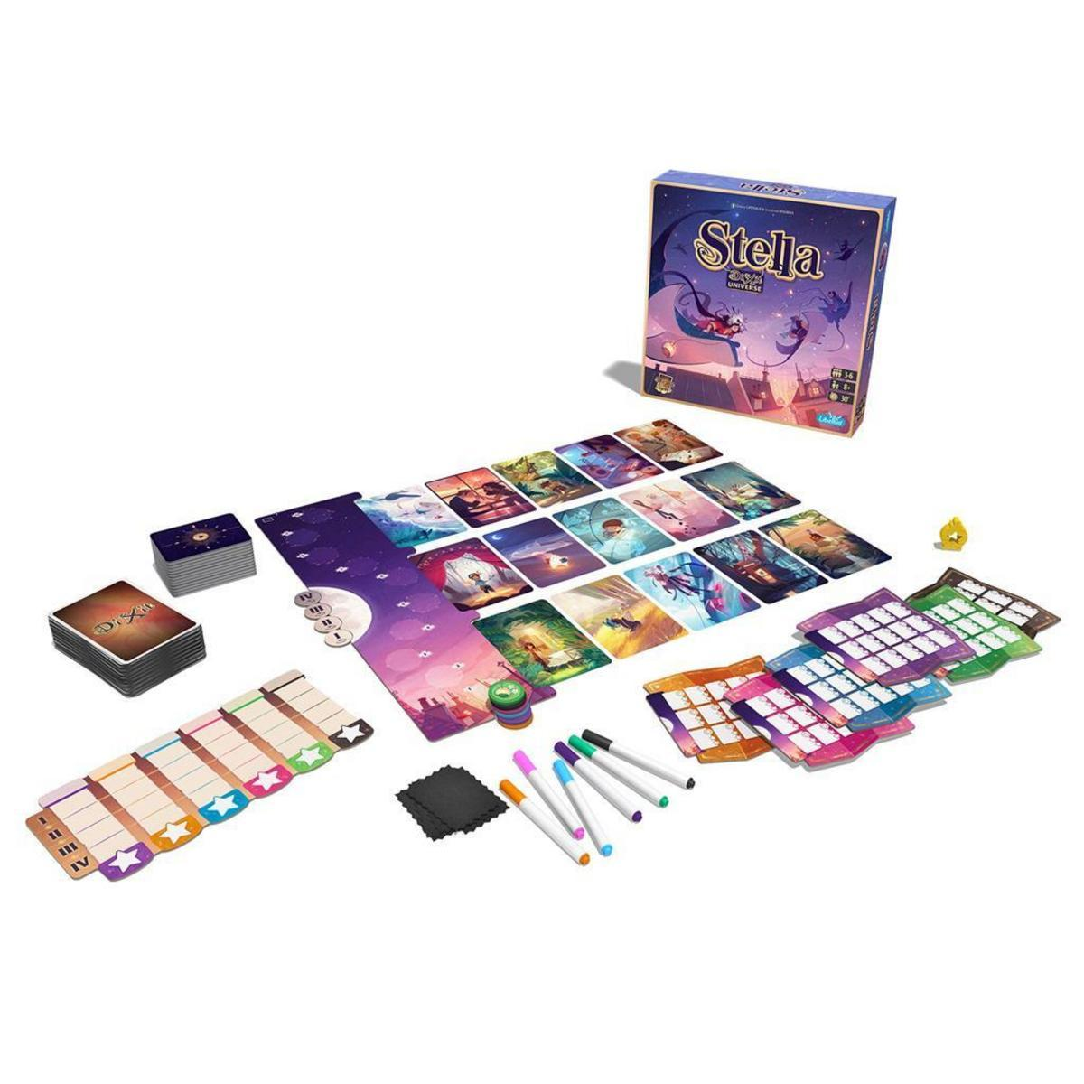 Juego de mesa 'Stella' con cartas, marcadores y otros componentes. Caja azul en el fondo.