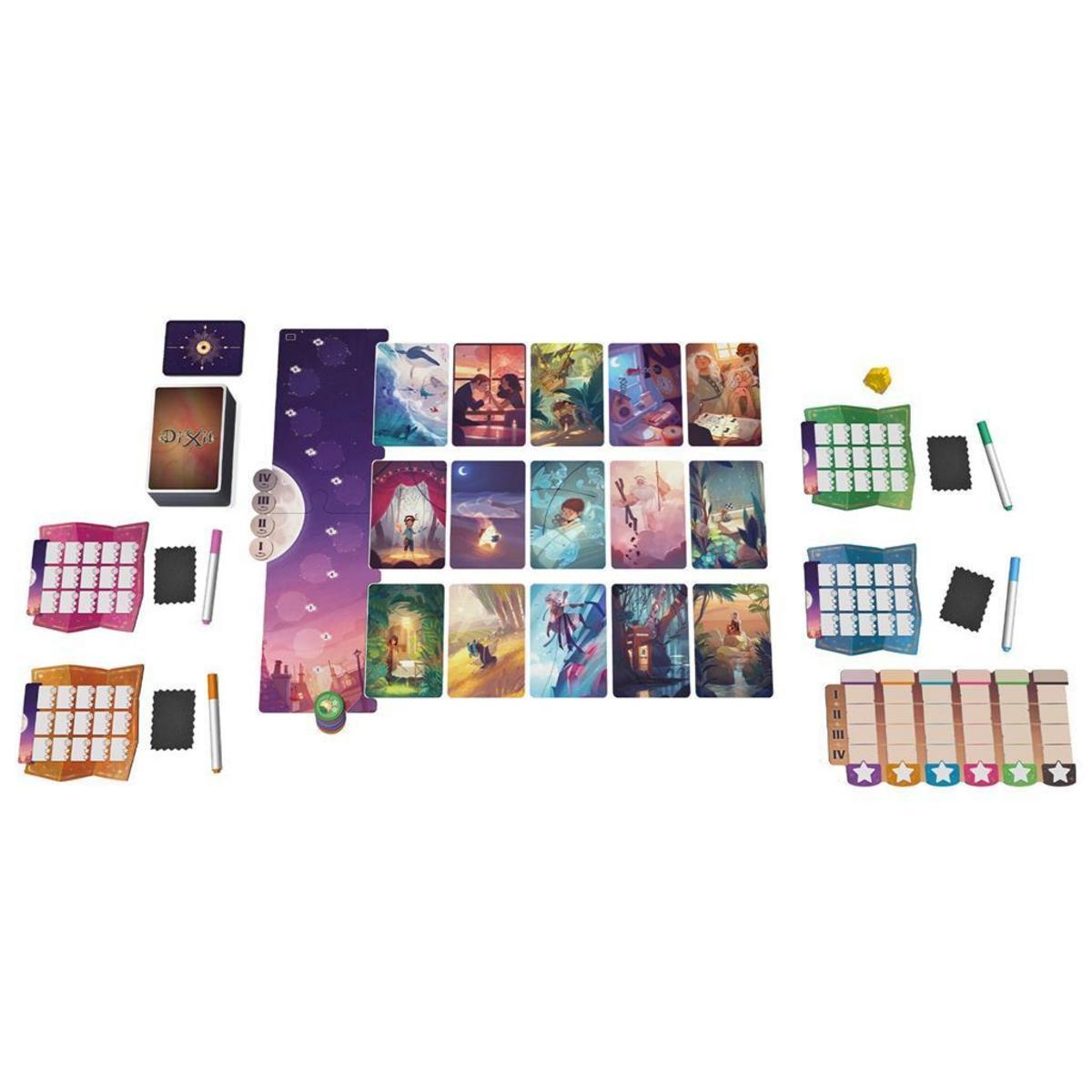 Configuración del juego de mesa. Cartas, marcadores y piezas del juego están sobre una superficie blanca.