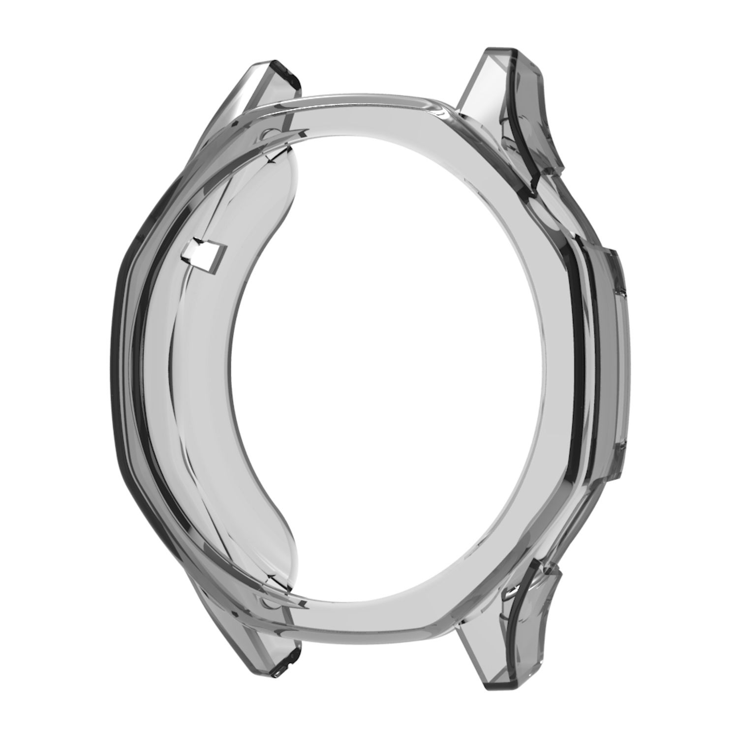 Transparente Schutzhülle für eine Smartwatch. Die Hülle hat eine runde Form und schützt die Lünette.