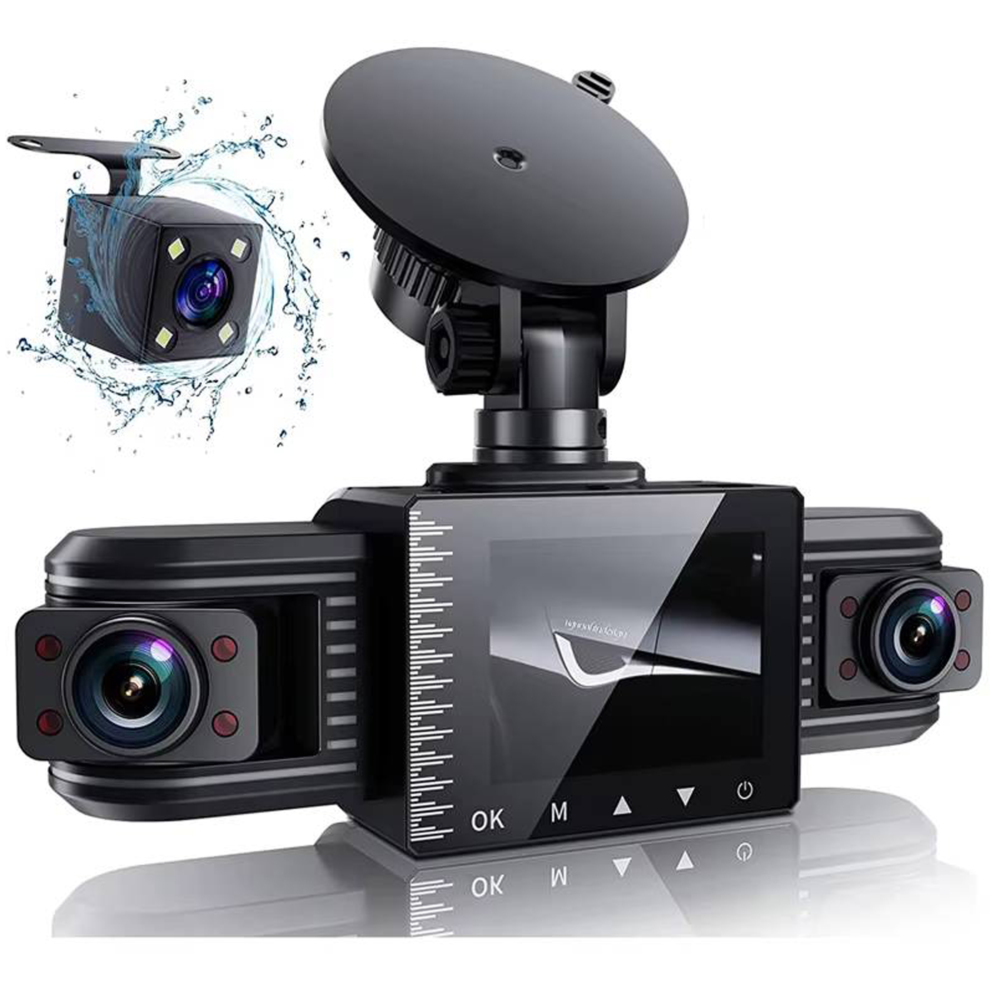 Dashcam mit drei Kameras, Saugnapfhalterung und Bildschirm mit OK und M.