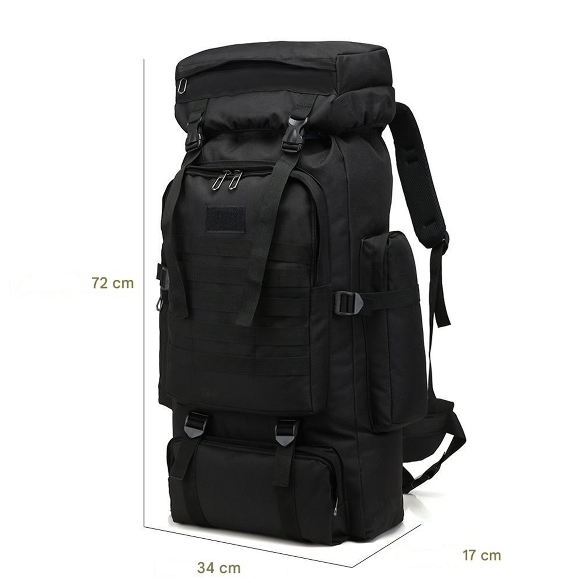 Schwarzer Rucksack mit mehreren Fächern, Riemen und Schnallen. Maße in cm sind sichtbar.