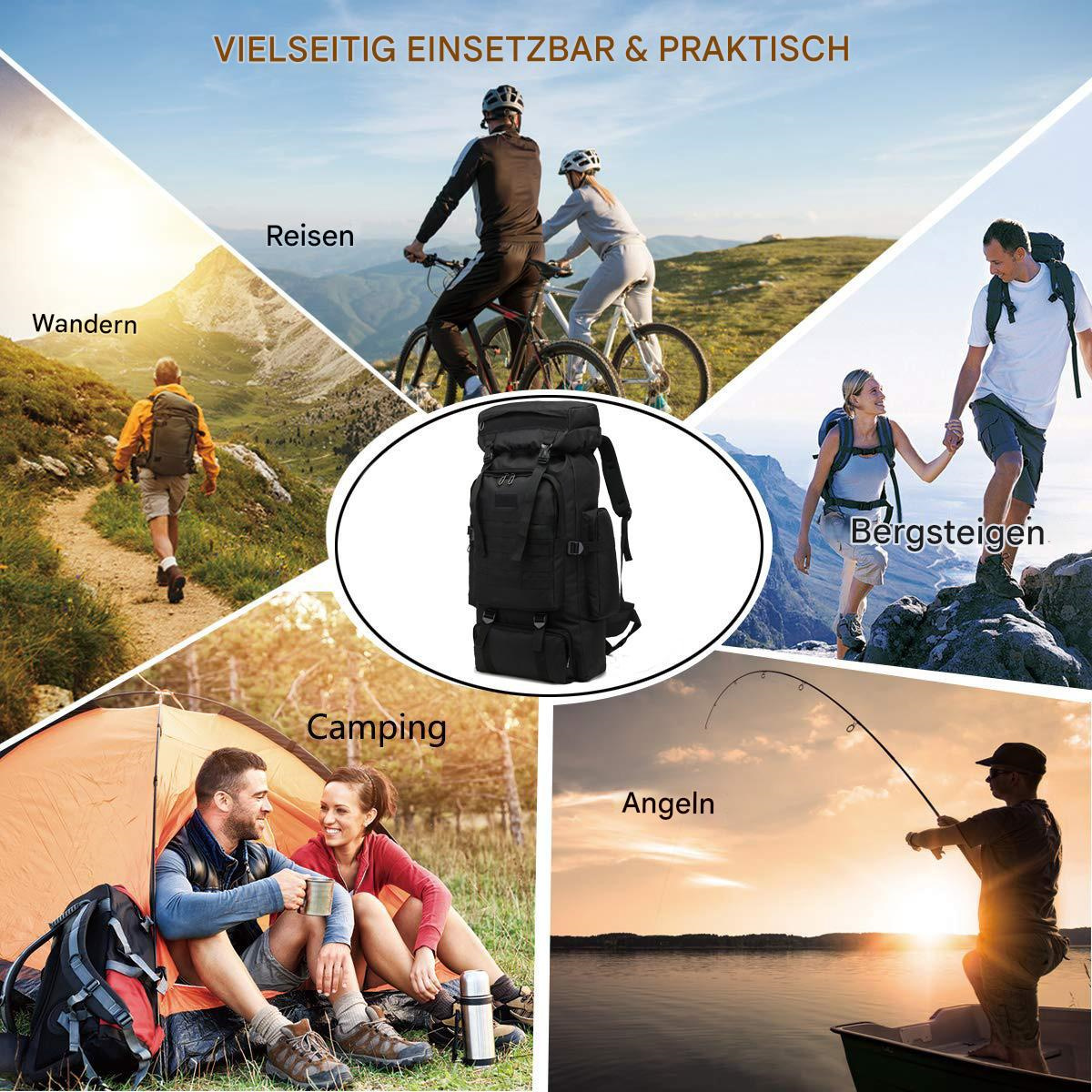 Ein schwarzer Rucksack in der Mitte. Szenen von Wandern, Angeln, Camping, Radfahren und Klettern.