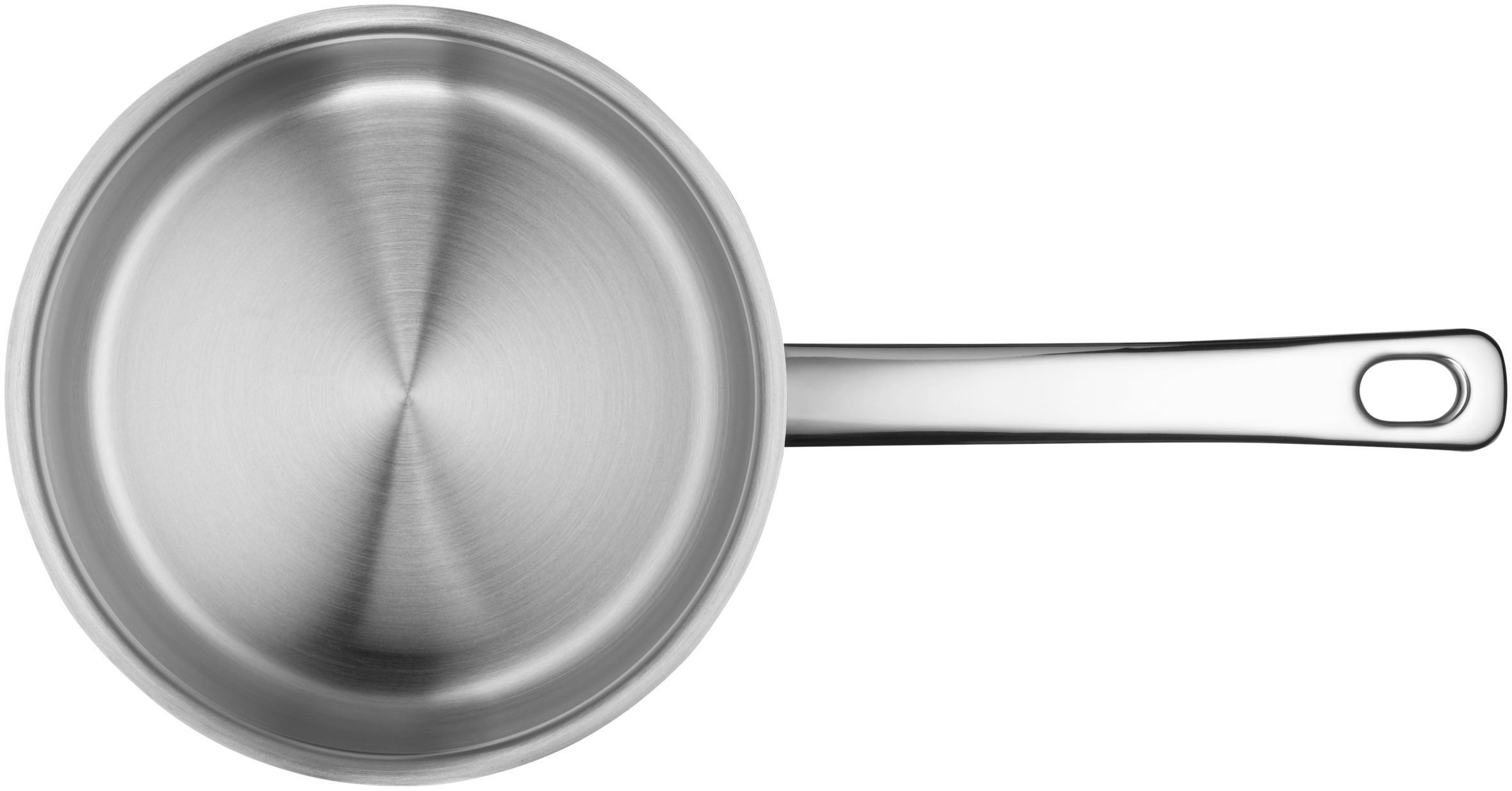 Ein Edelstahl-Kochtopf mit Griff, von oben gesehen. Die Innenseite hat eine glänzende, metallische Oberfläche.