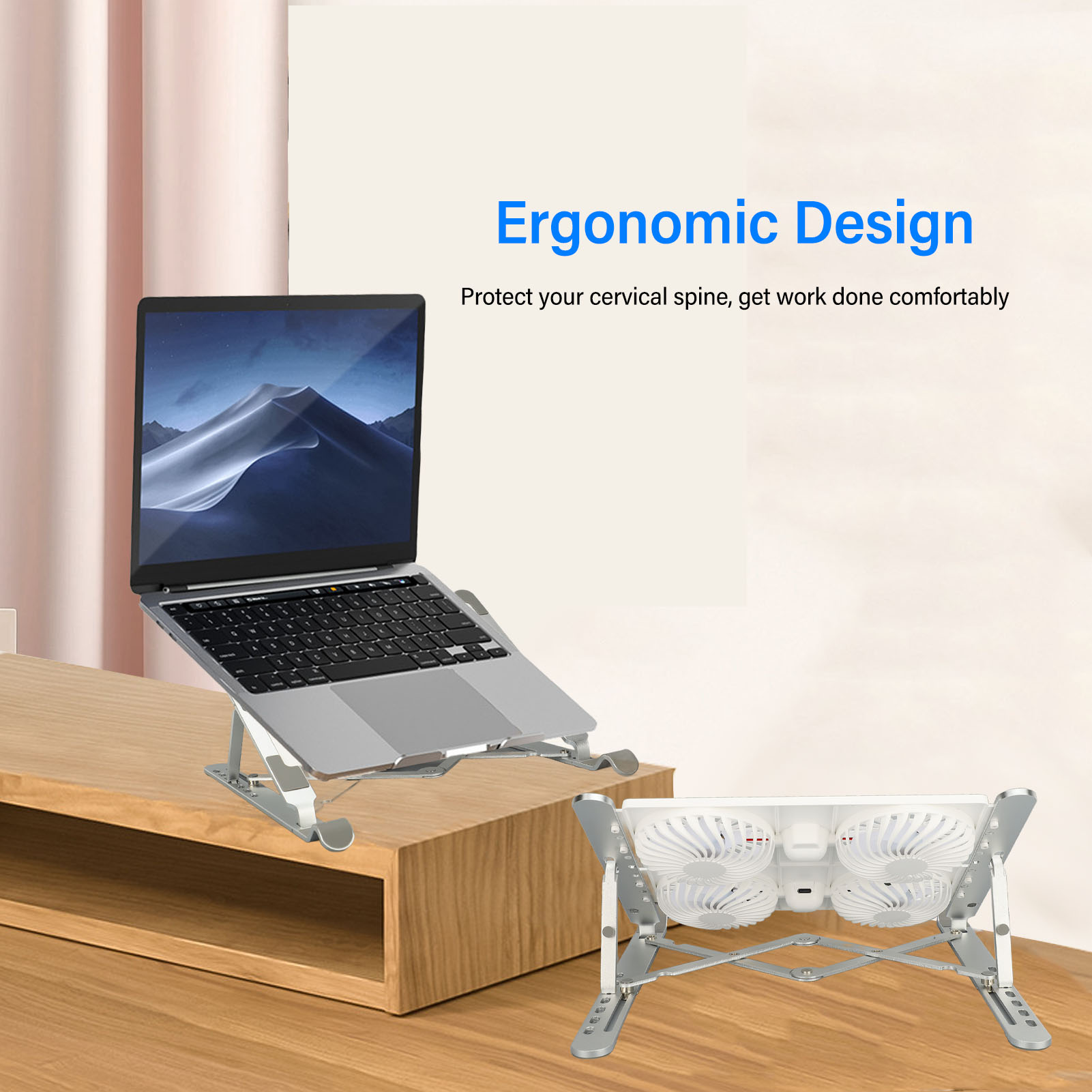 Laptop auf einem silbernen Ständer mit Lüftern, weißem Hintergrund und dem Text 'Ergonomic Design'.