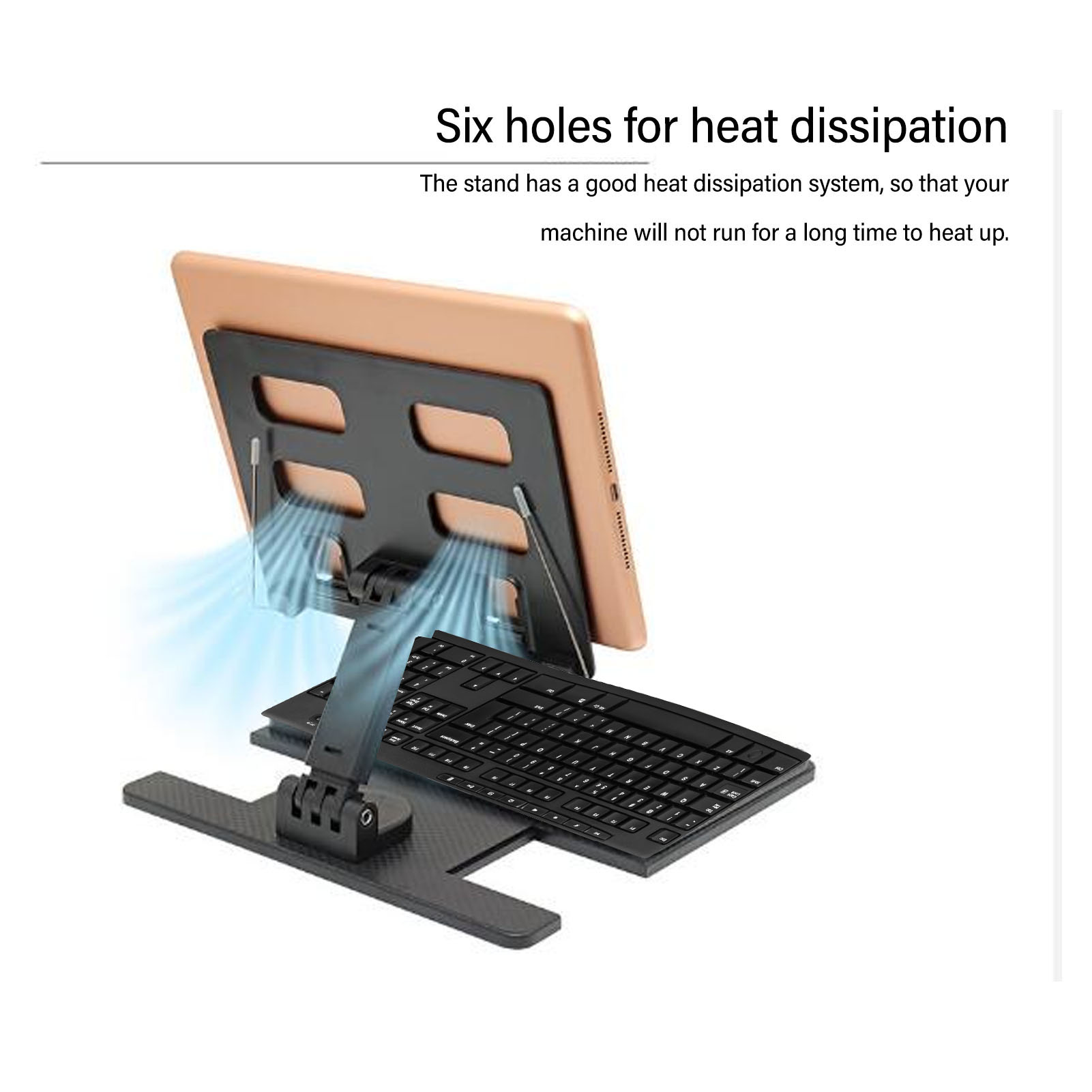 Ein Tablet und eine Tastatur auf einem Ständer mit Lüftungsschlitzen, vor weißem Hintergrund.