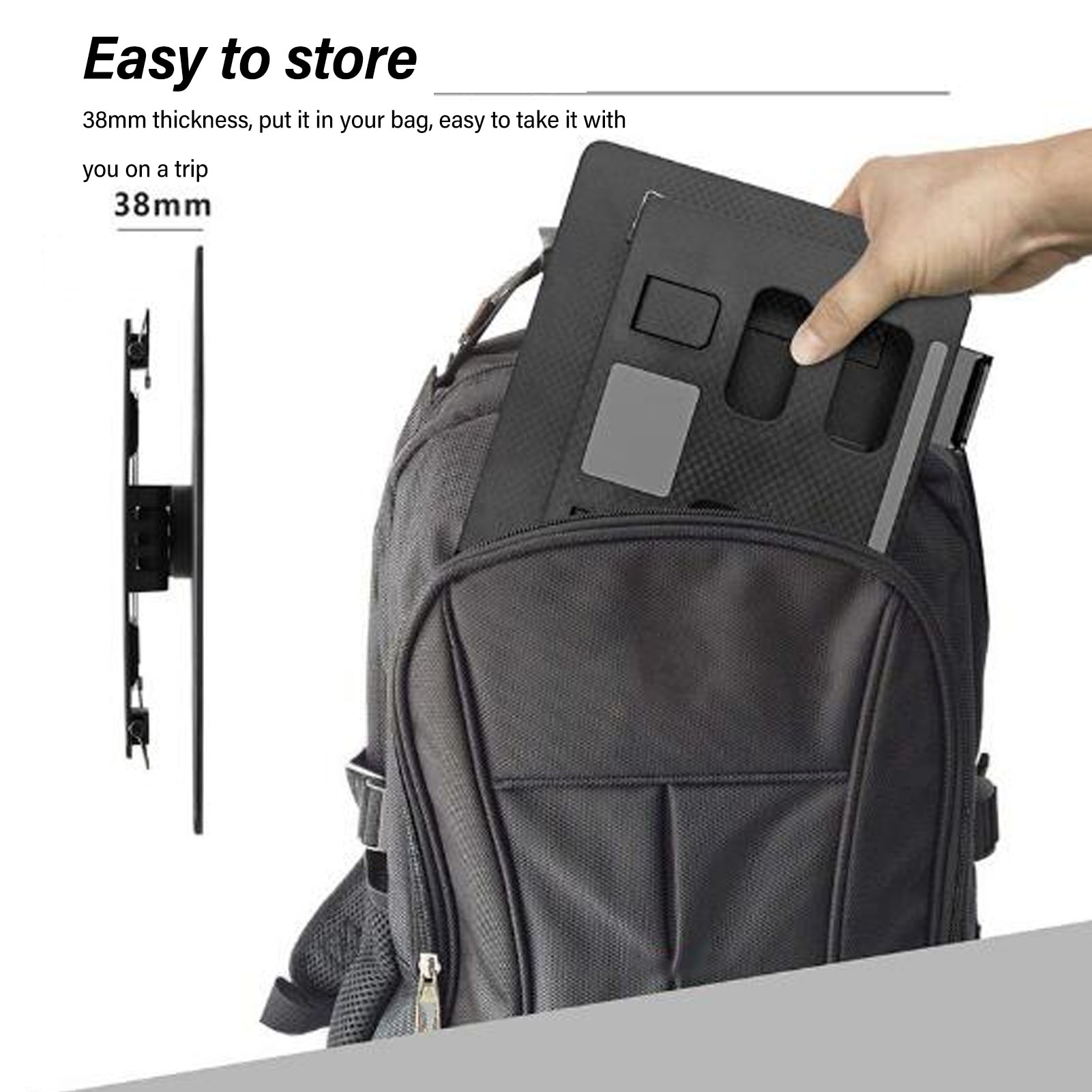 Ein schwarzer Rucksack und ein schwarzer Tablethalter, mit Text zum Verstauen.