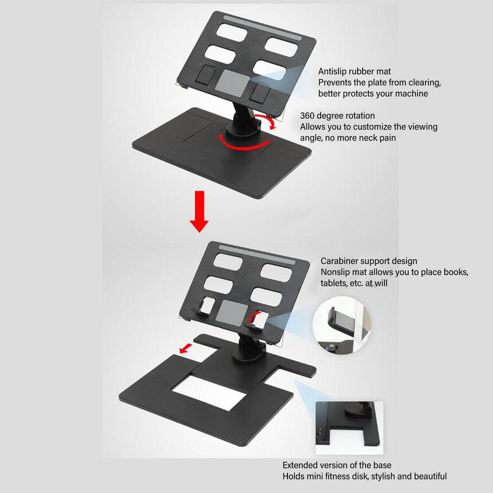 Zwei schwarze Laptop-Ständer, Diagramm mit Funktionen, auf weißer Oberfläche.
