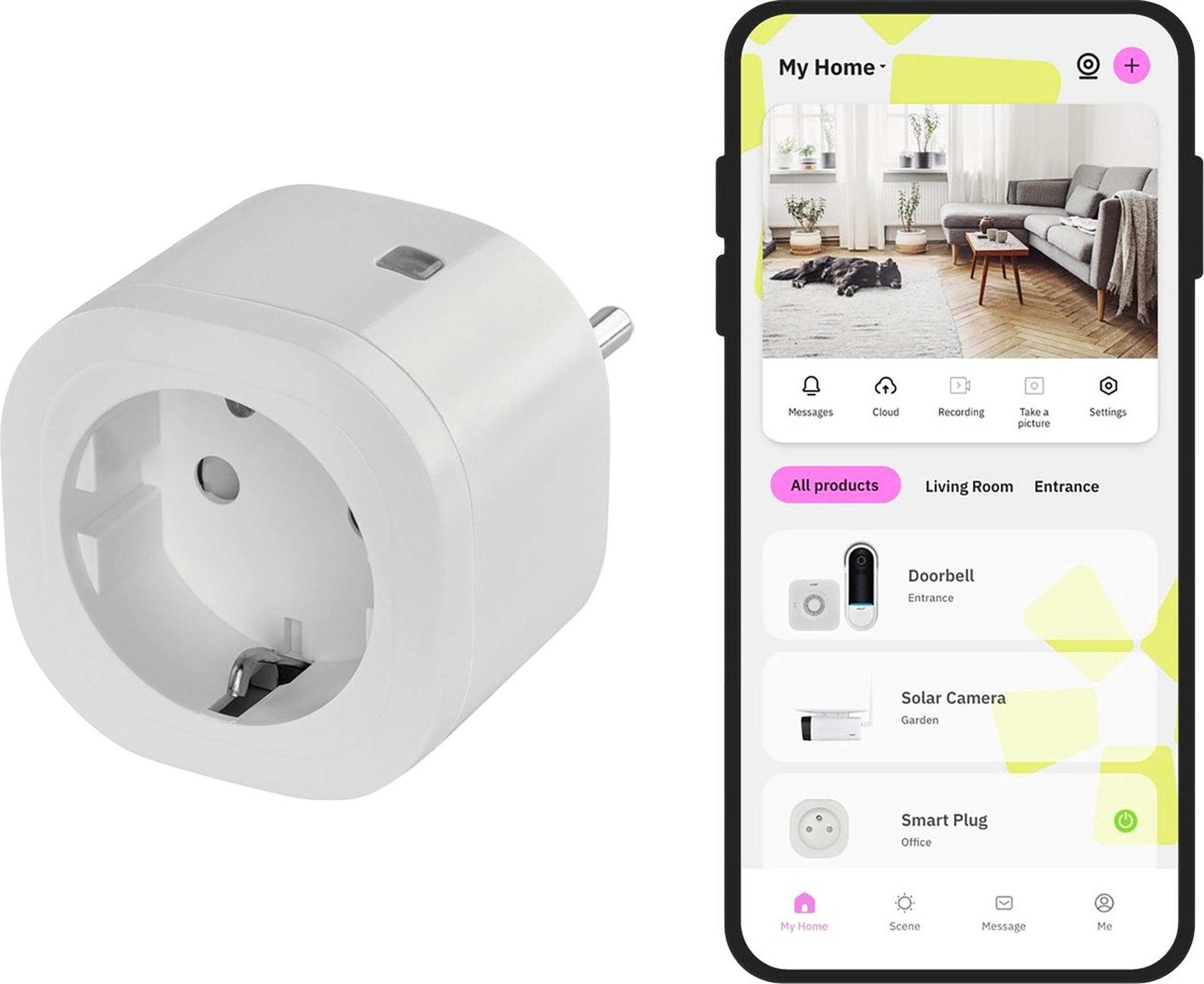 Una presa intelligente accanto a uno schermo del telefono che mostra un'interfaccia dell'app per la casa intelligente. L'app ha delle opzioni.