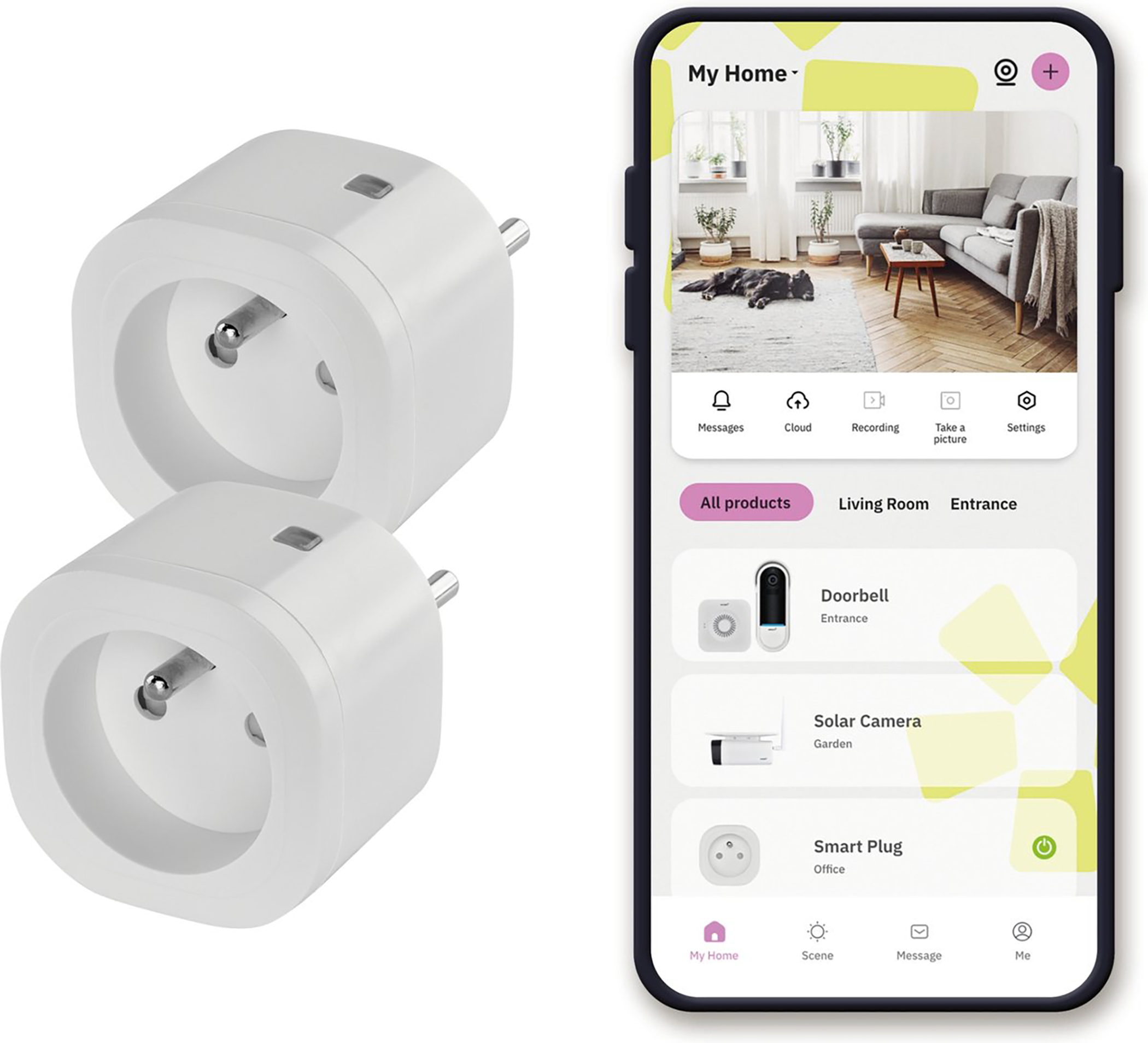 Due prese intelligenti bianche e un telefono con interfaccia app per la casa intelligente.