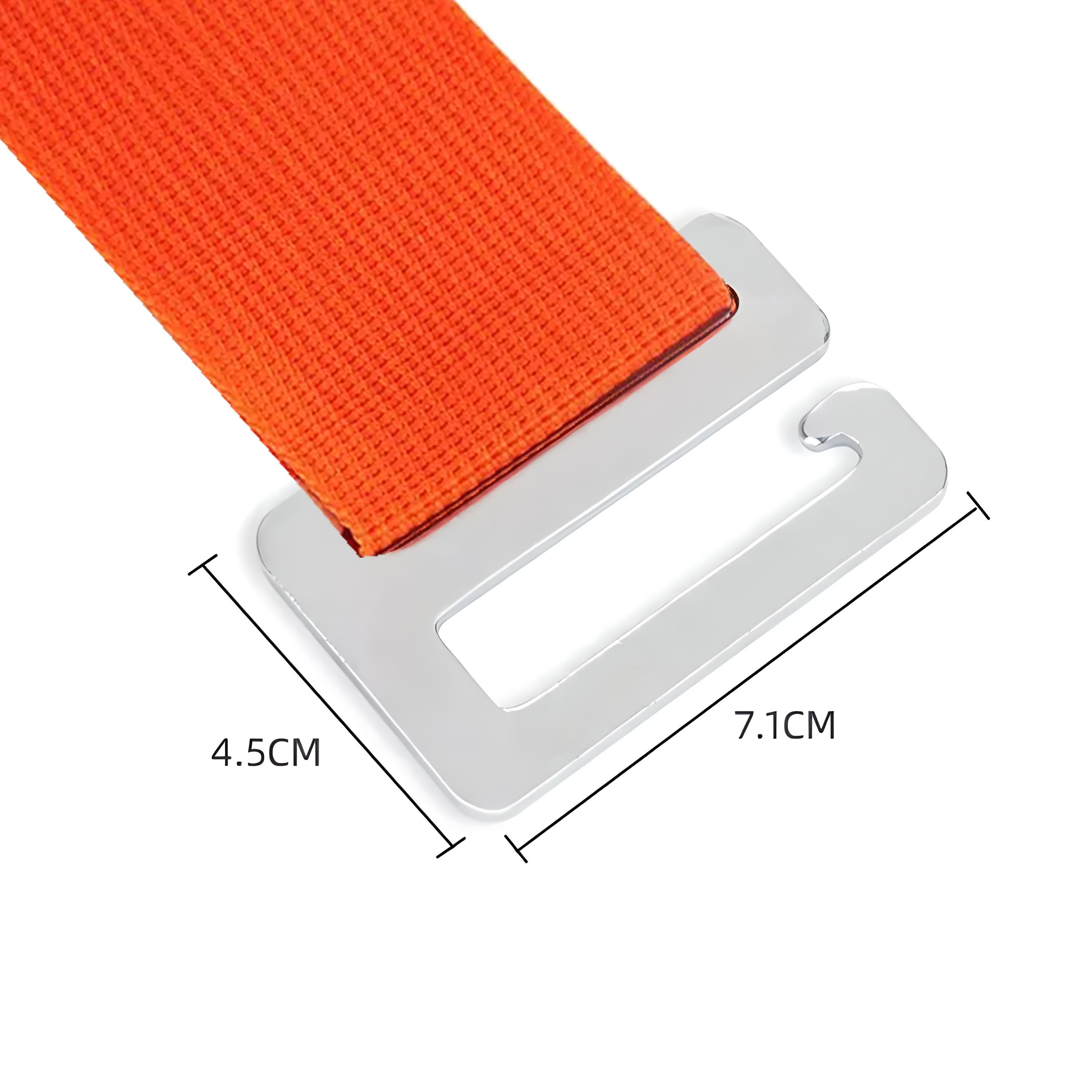 Ein orangefarbener Riemen, der mit einer Metallschnalle verbunden ist, mit den Maßen 4,5 cm und 7,1 cm.