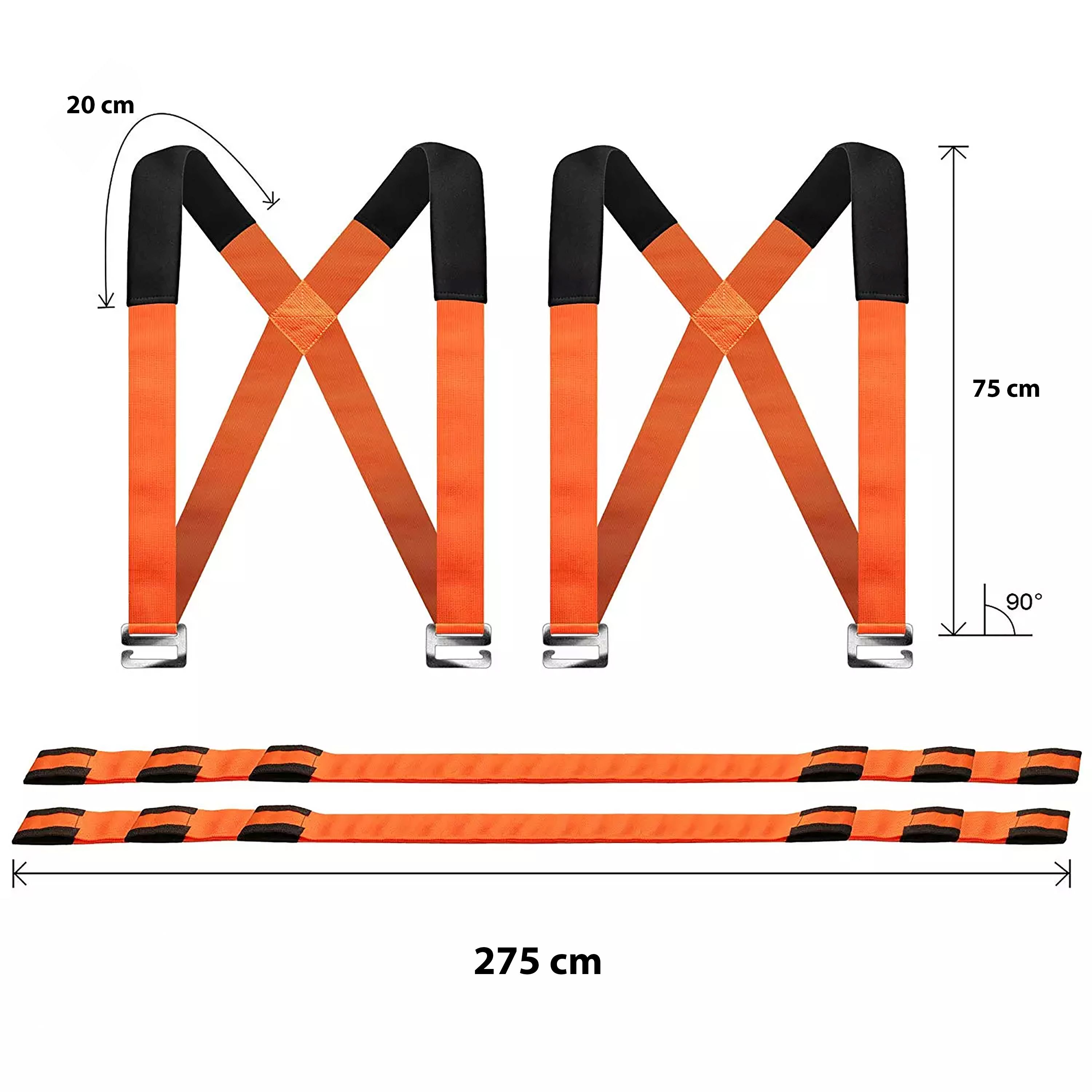 Zwei orangefarbene Cargo-Gurte mit einem Maßband. Weißer Hintergrund.