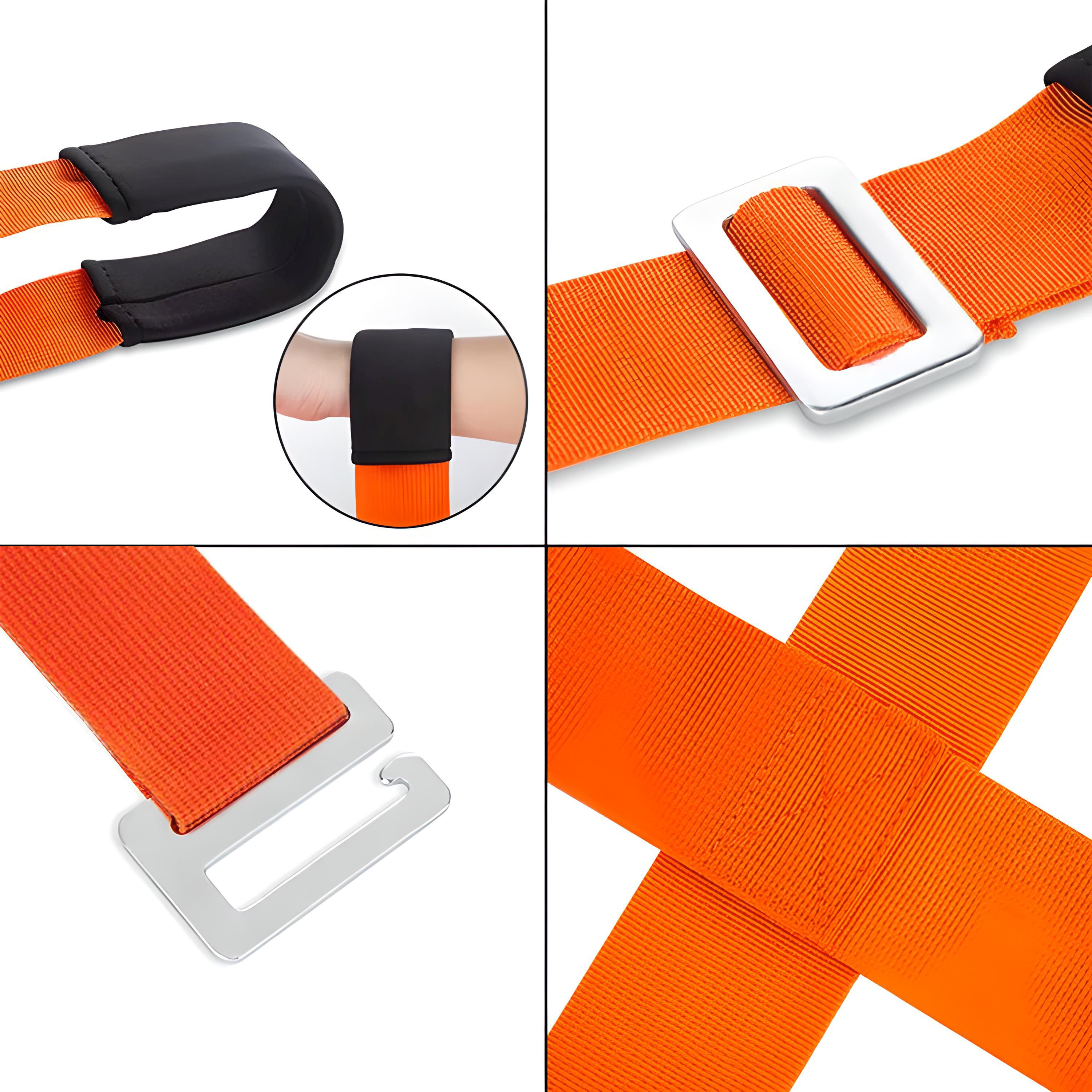 Nahaufnahmen von orangefarbenen Zurrgurten, Schnallen und einer schwarzen gepolsterten Hülse.