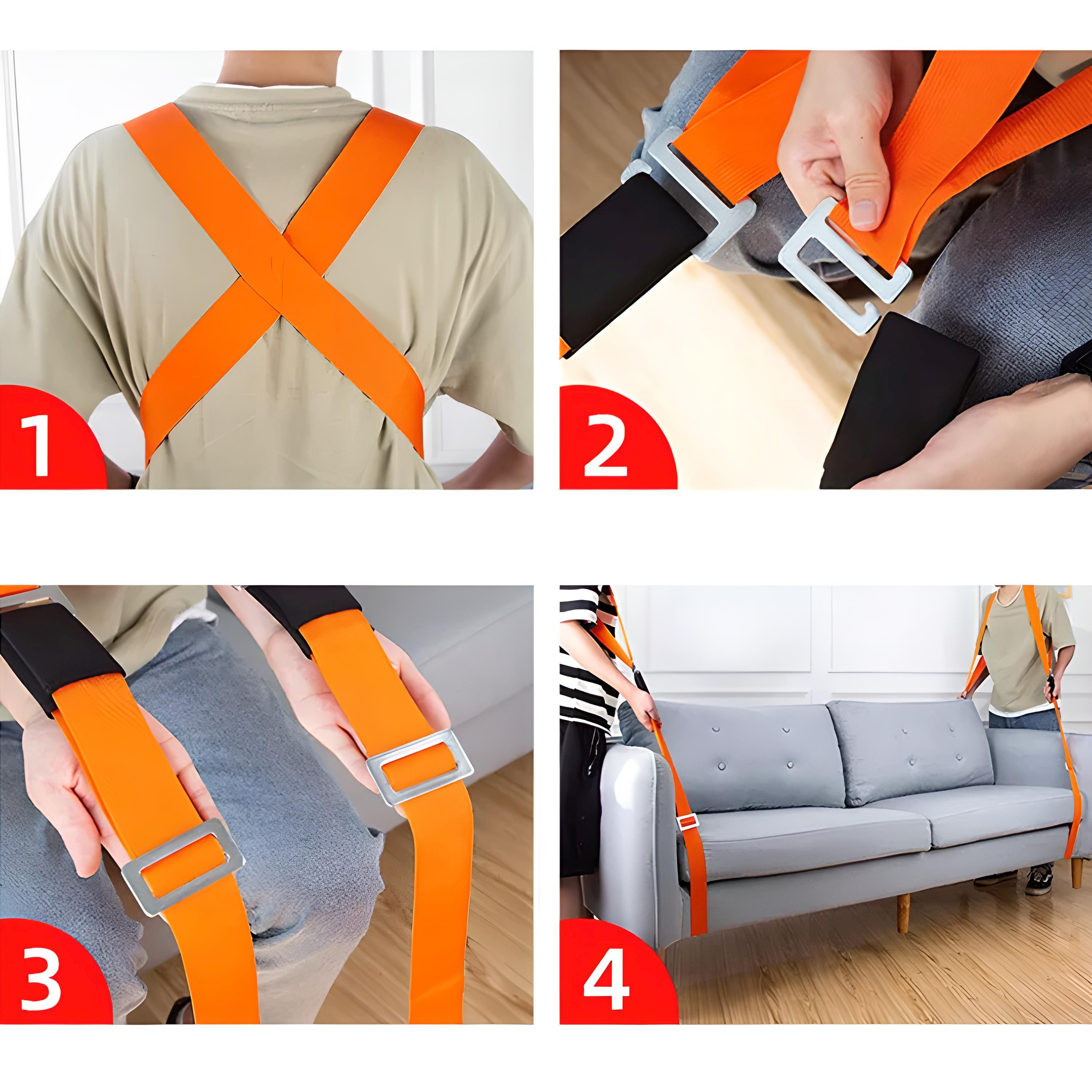 Vier Bilder, die zeigen, wie man orangefarbene Umzugsriemen verwendet. Personen werden bei der Verwendung gezeigt.