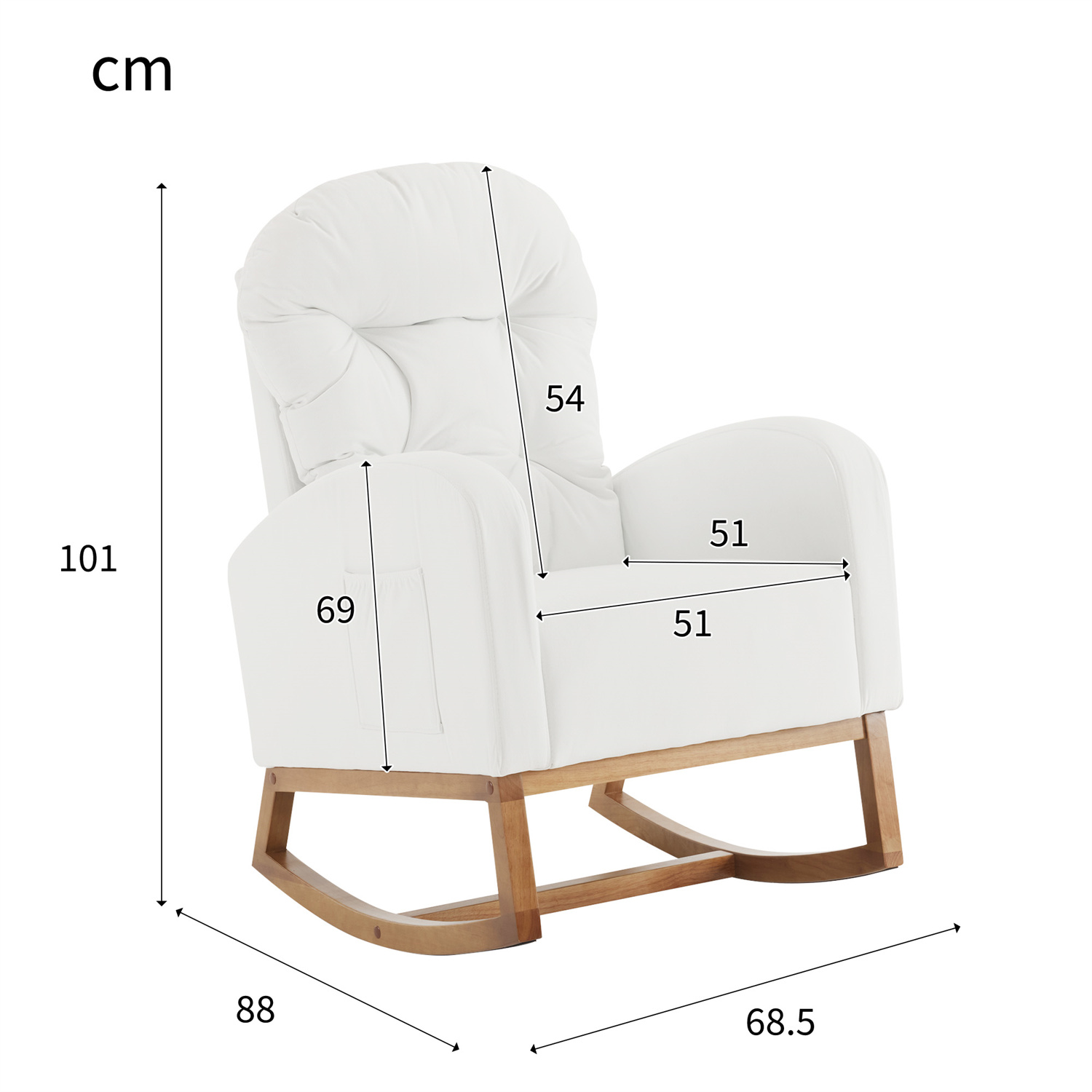 Weißer Schaukelstuhl mit Holzfuß. Maße sind in cm angegeben.