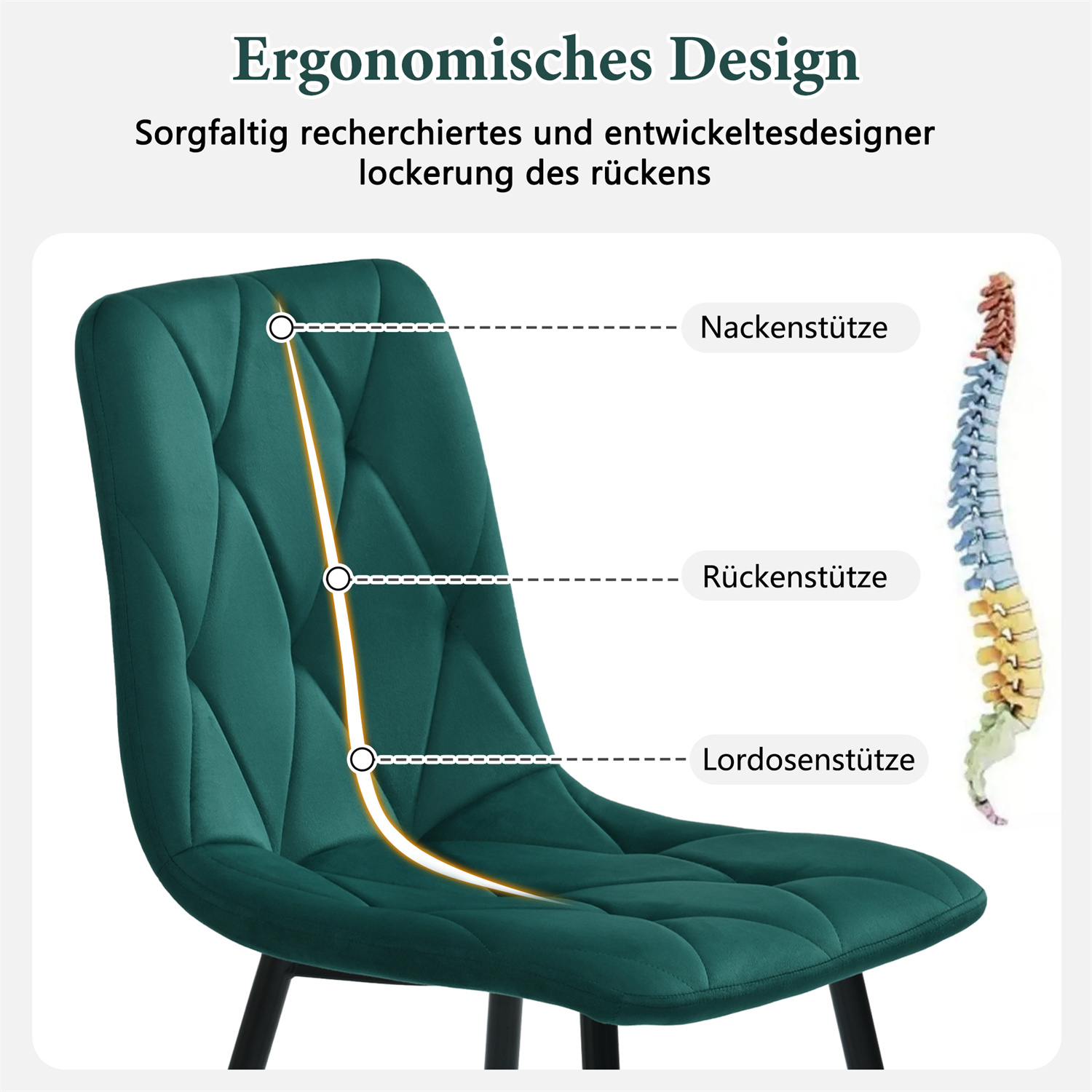 Grüner ergonomischer Stuhl mit Markierungen zu Rückenstützfunktionen, vor weißem Hintergrund.