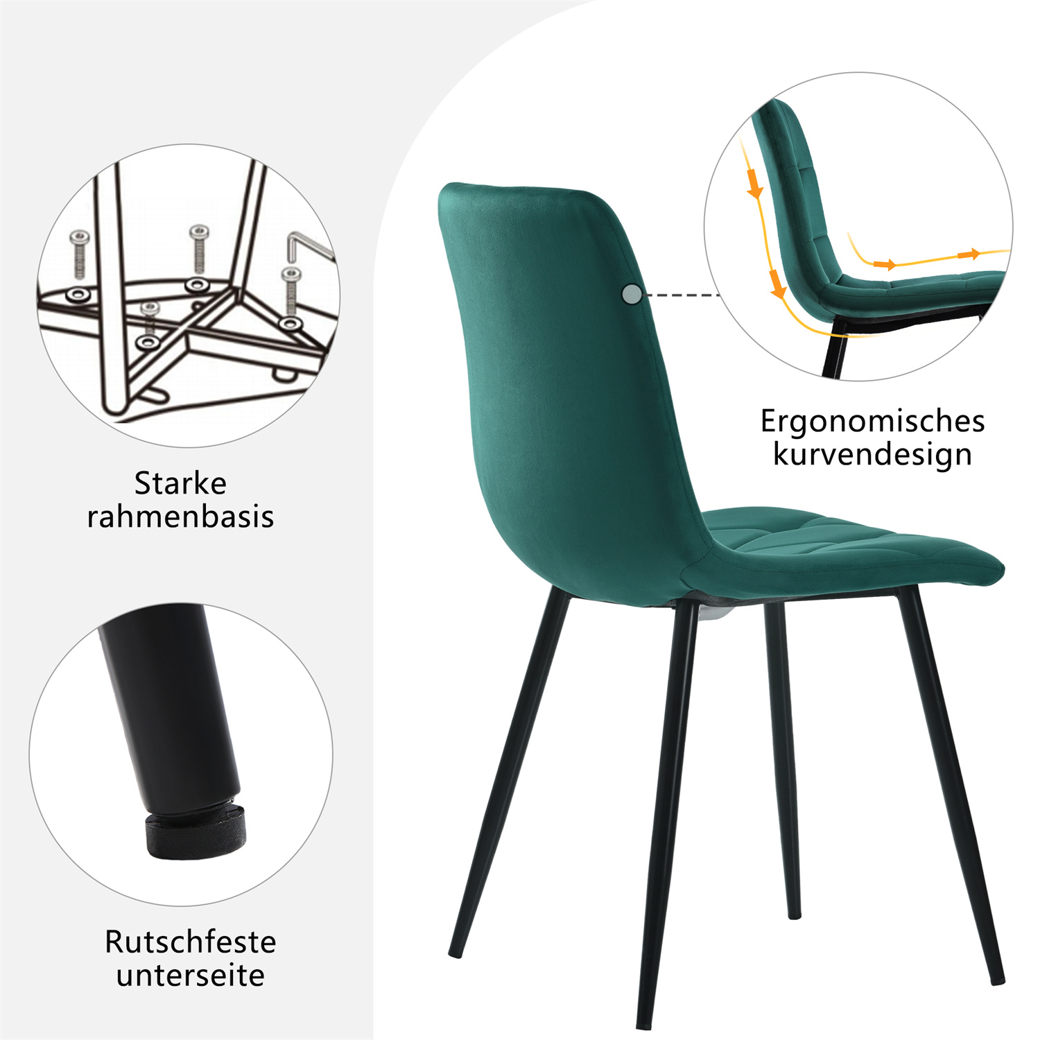 Detaillierte Ansicht eines grünen Stuhls mit ergonomischen Designelementen und schwarzen Beinen. Weißer Hintergrund.