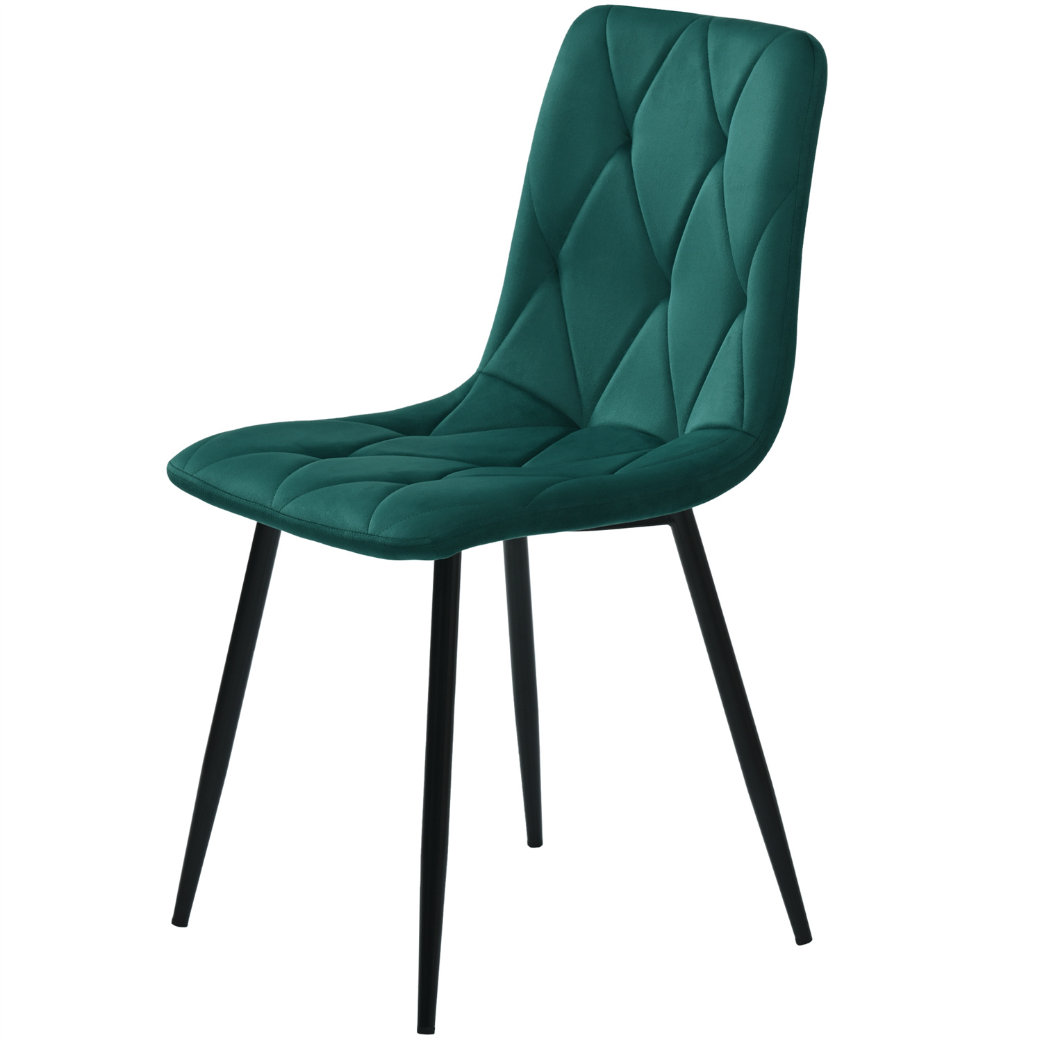 Ein teal-farbener Stuhl mit schwarzen Beinen. Der Sitz hat ein Diamantmuster.