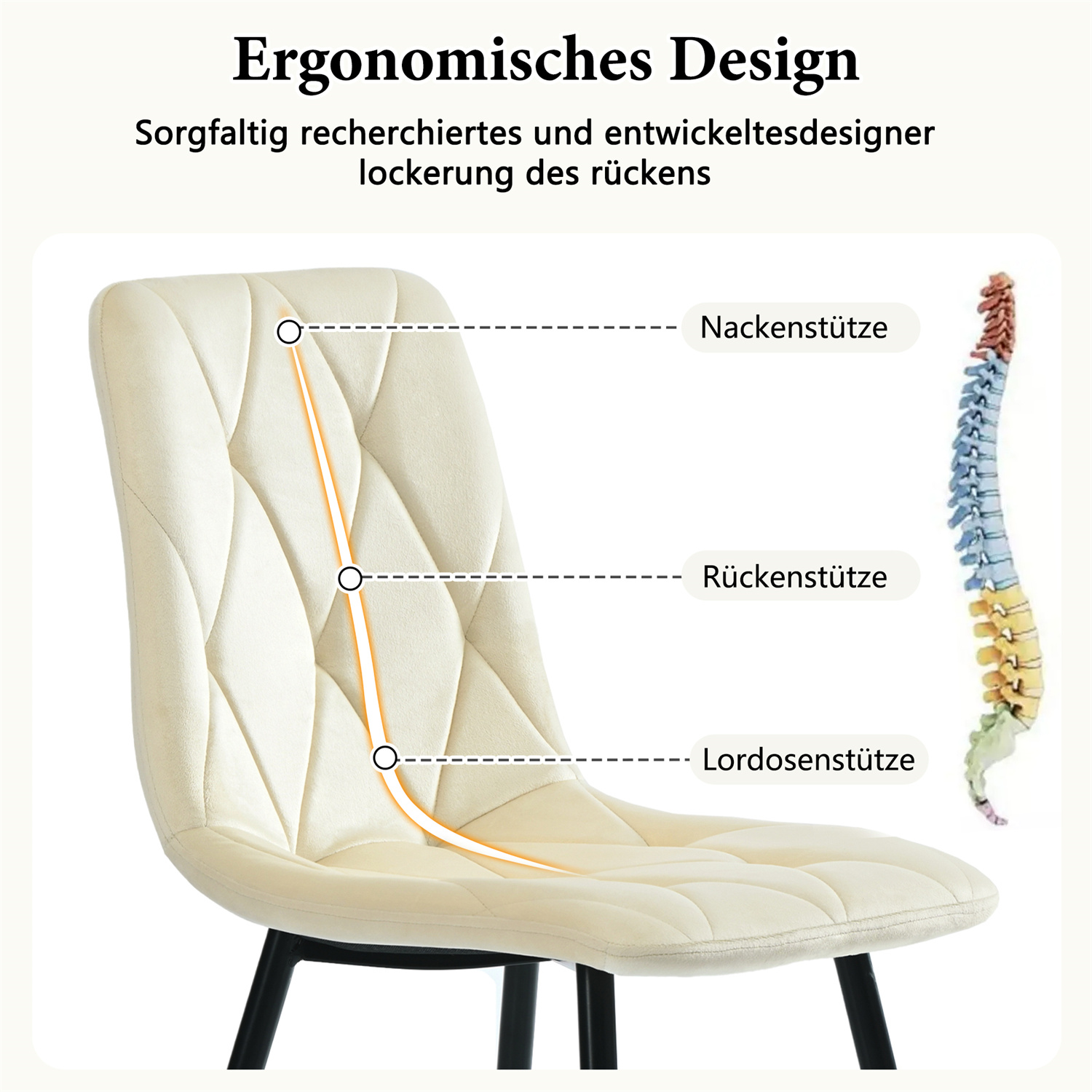 Beiger Stuhl mit beschrifteten ergonomischen Rückenlehnelementen.