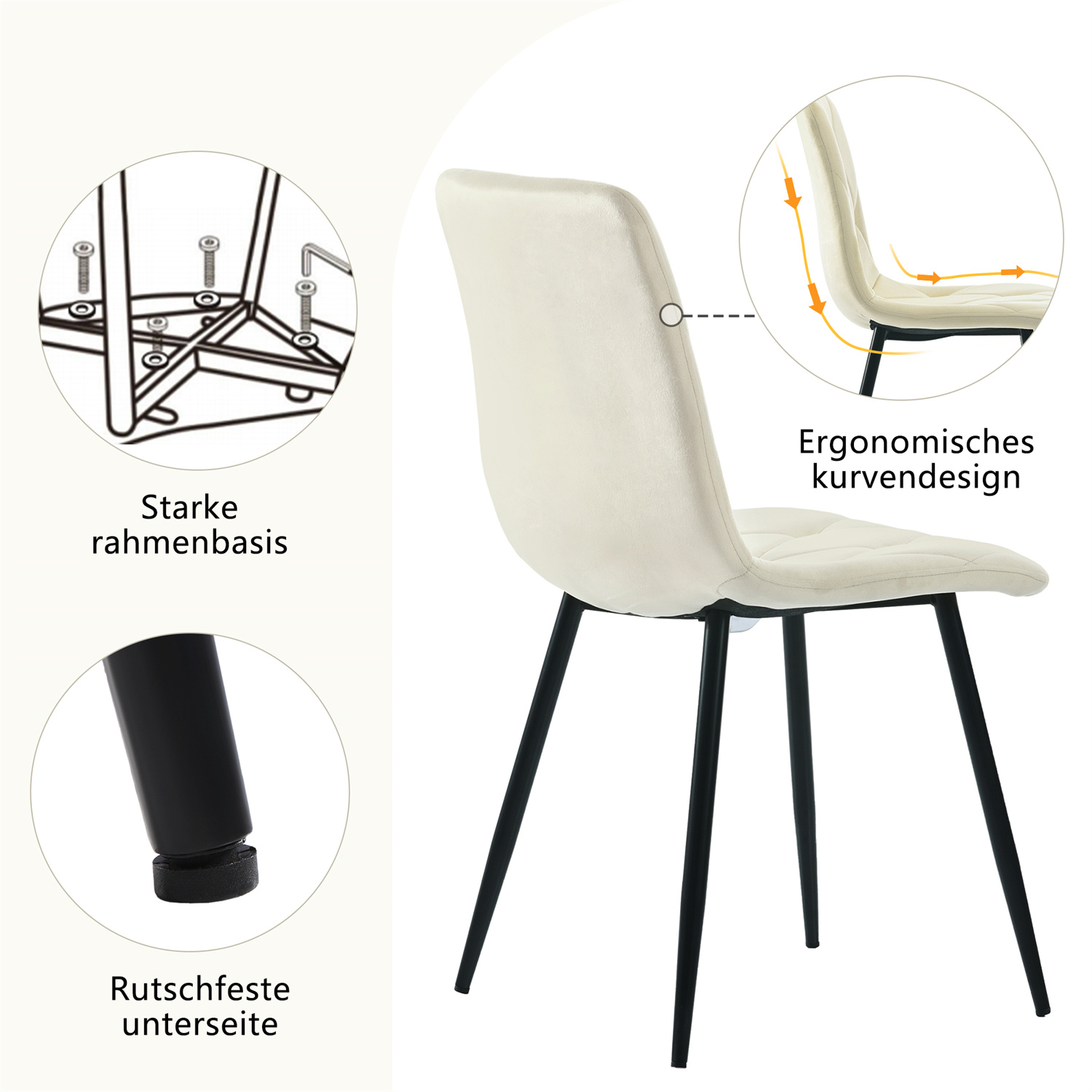 Weißer Stuhl mit schwarzen Beinen, beschriftete Details.