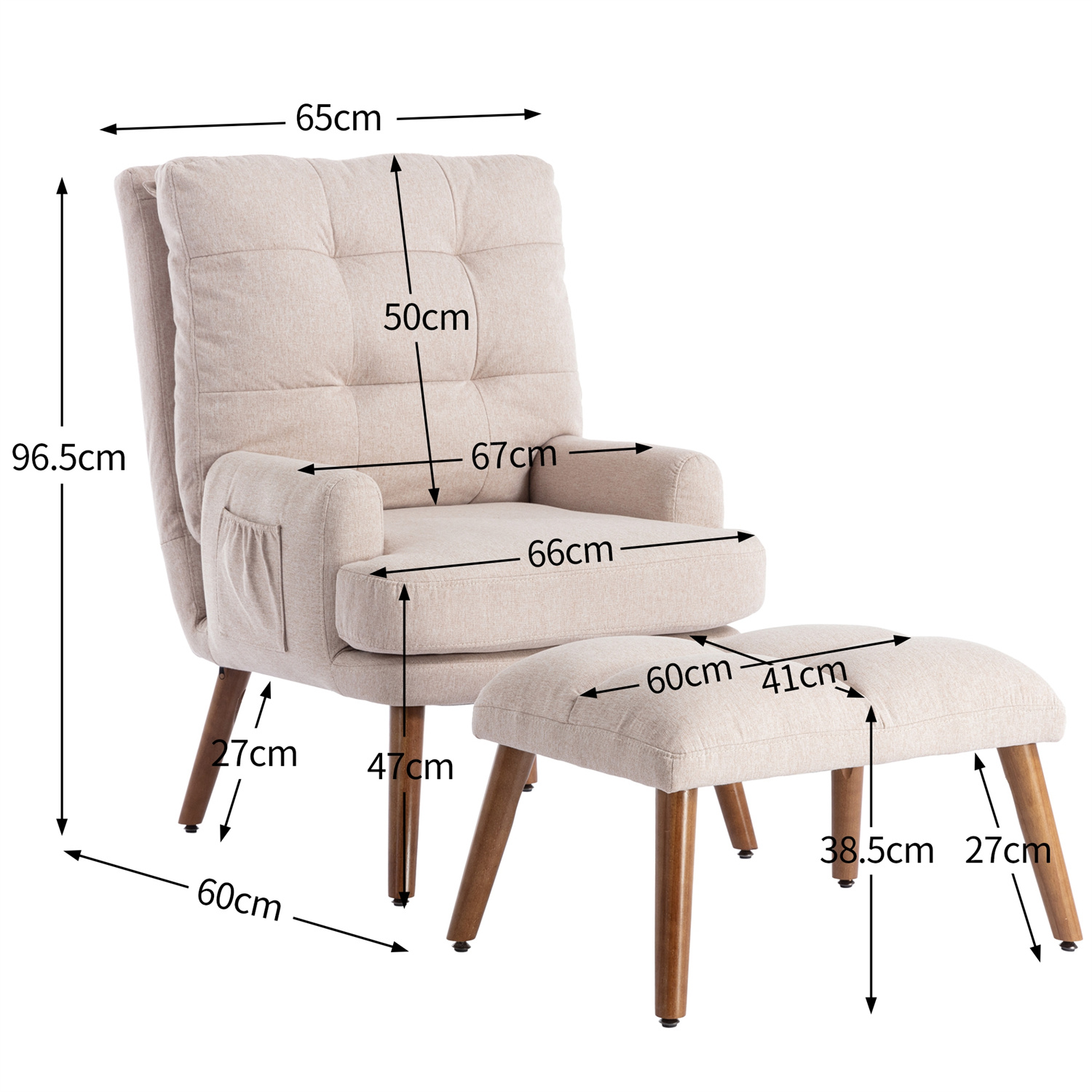 Beiger Sessel und Hocker-Set mit in cm angegebenen Abmessungen.