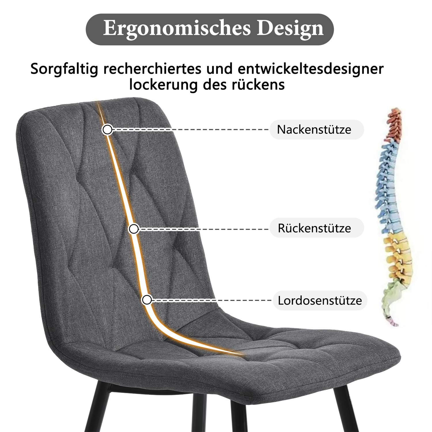 Grauer ergonomischer Stuhl. Die Rückseite des Stuhls ist mit Beschriftungen versehen.