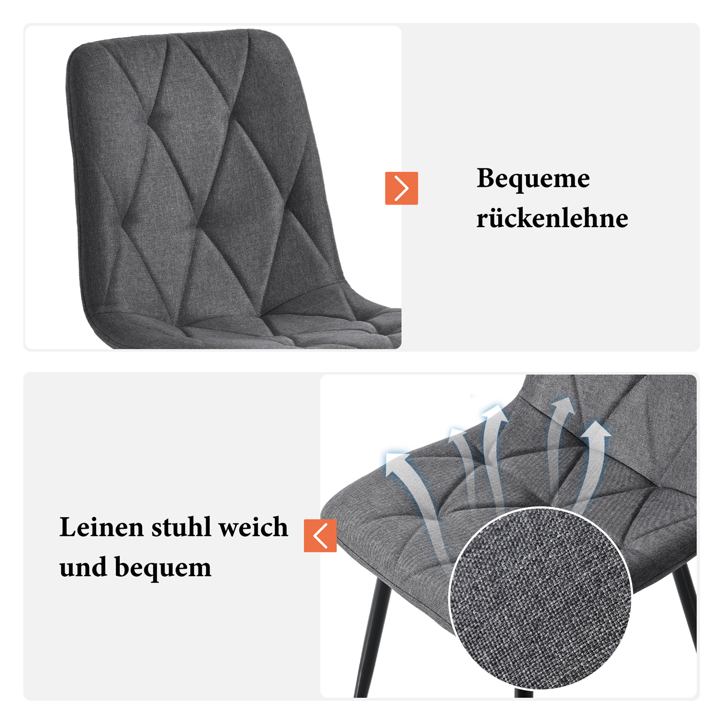 Nahaufnahme eines grauen Stoffstuhls mit Rautenmuster und einem Pfeil, der auf den Text zeigt.