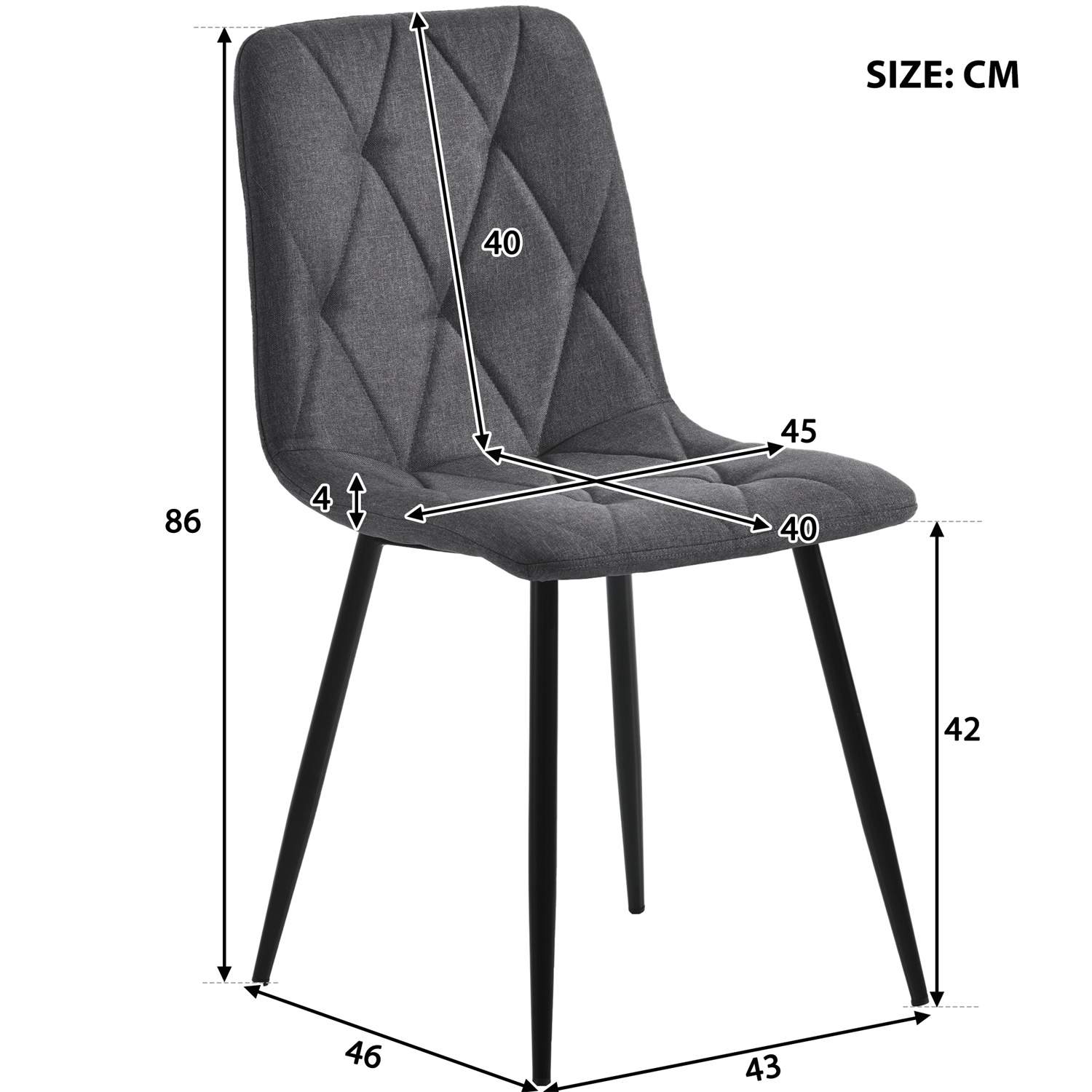 Grauer Stuhl mit schwarzen Beinen. Abmessungen in Zentimetern: 86x45x40 cm.