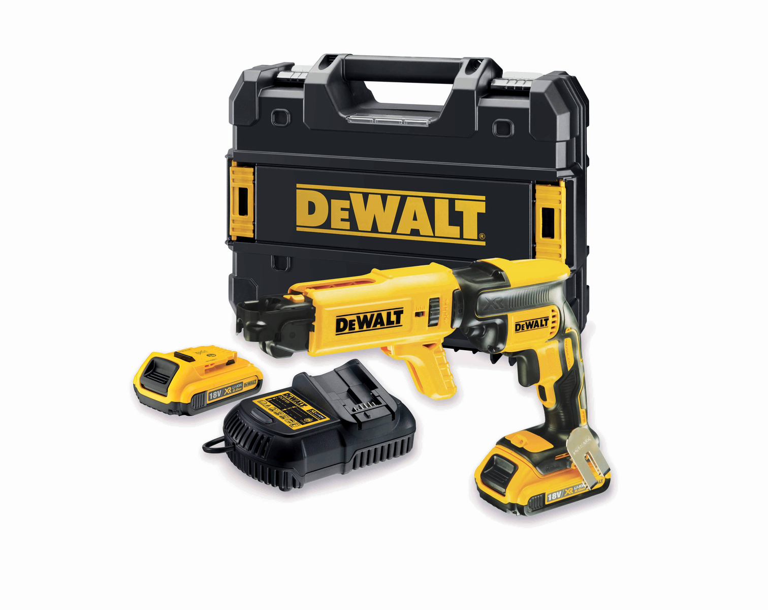 Ein DeWalt Elektrowerkzeug-Set mit gelb-schwarzem Schraubendreher, Akkus und Ladegerät.