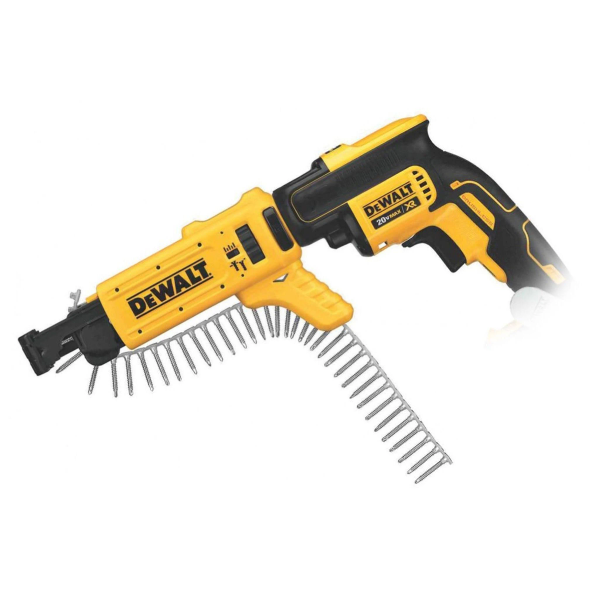 Gelb-schwarzes DeWalt-Elektrowerkzeug mit Schraubenband. Es ist auf einer weißen Oberfläche angewinkelt.