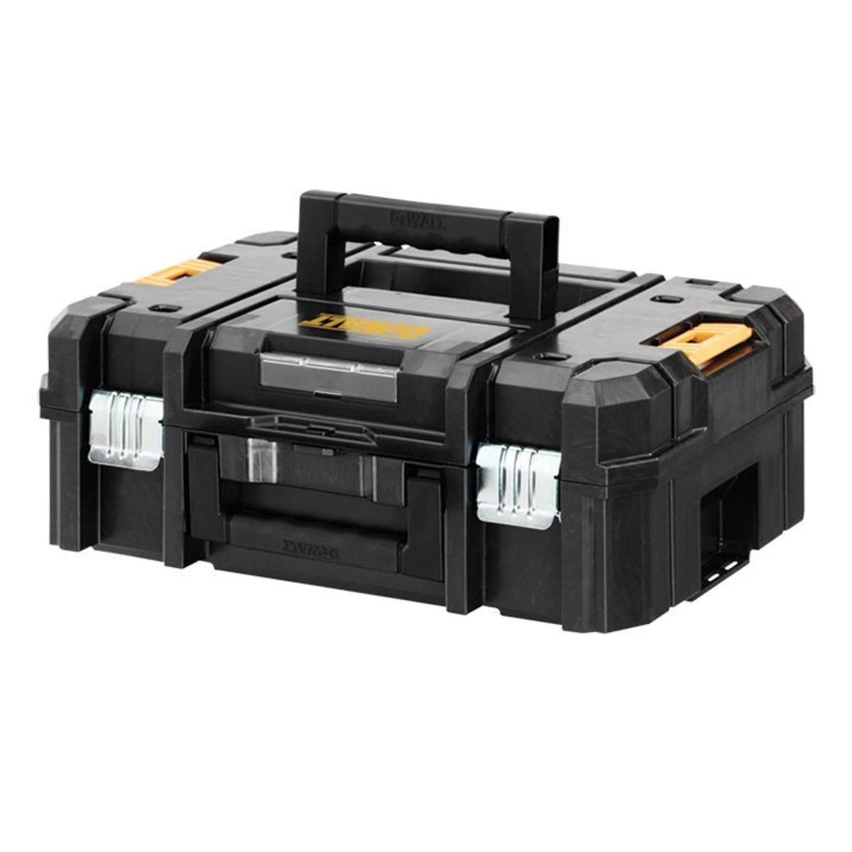 Schwarzer Werkzeugkasten mit Griff und Verschlüssen. Mit gelben Akzenten und Dewalt-Logo.