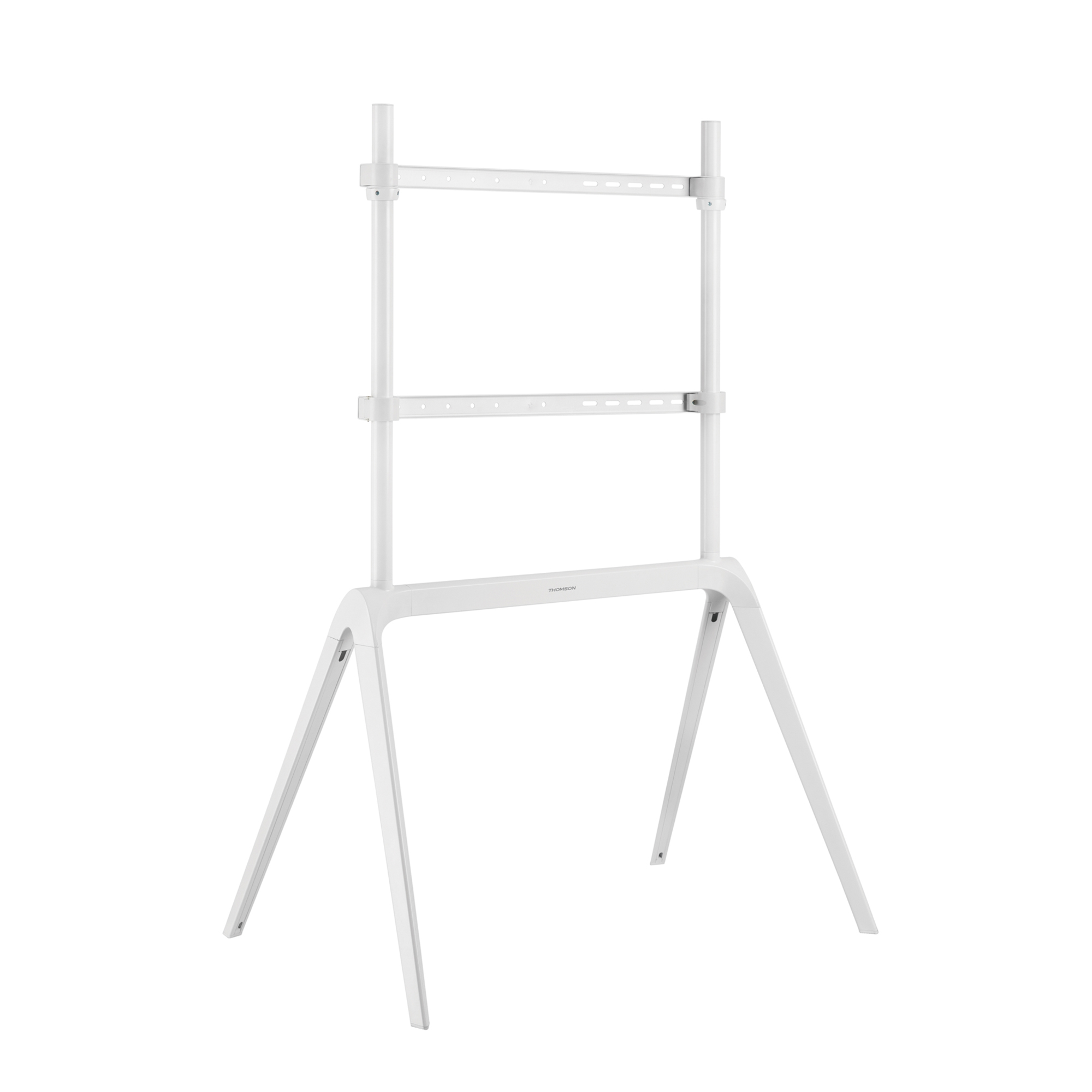 Supporto TV bianco con base a tre gambe e telaio per sostenere una TV.