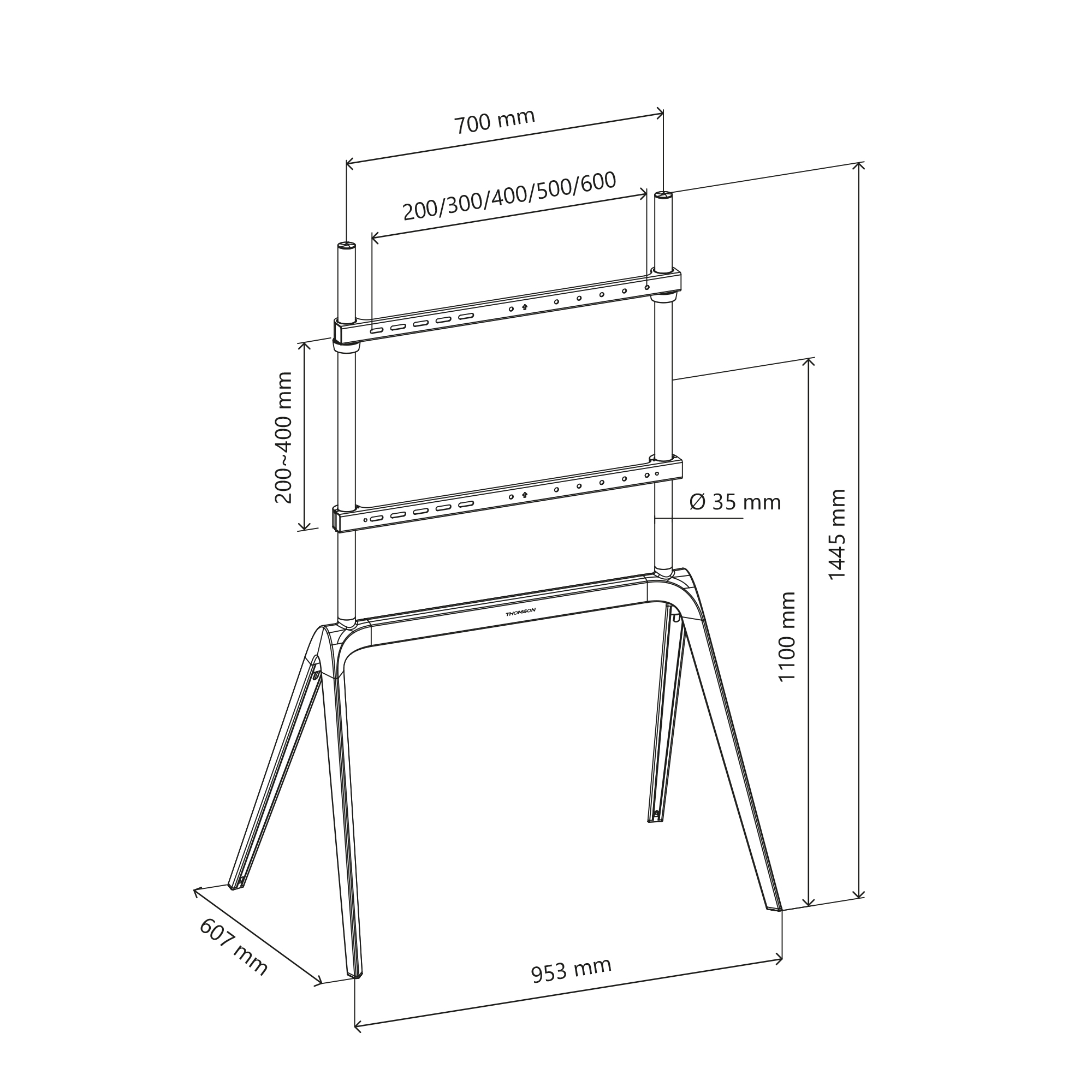 Disegno tecnico di un supporto TV. Le dimensioni sono indicate. Lo sfondo è bianco.