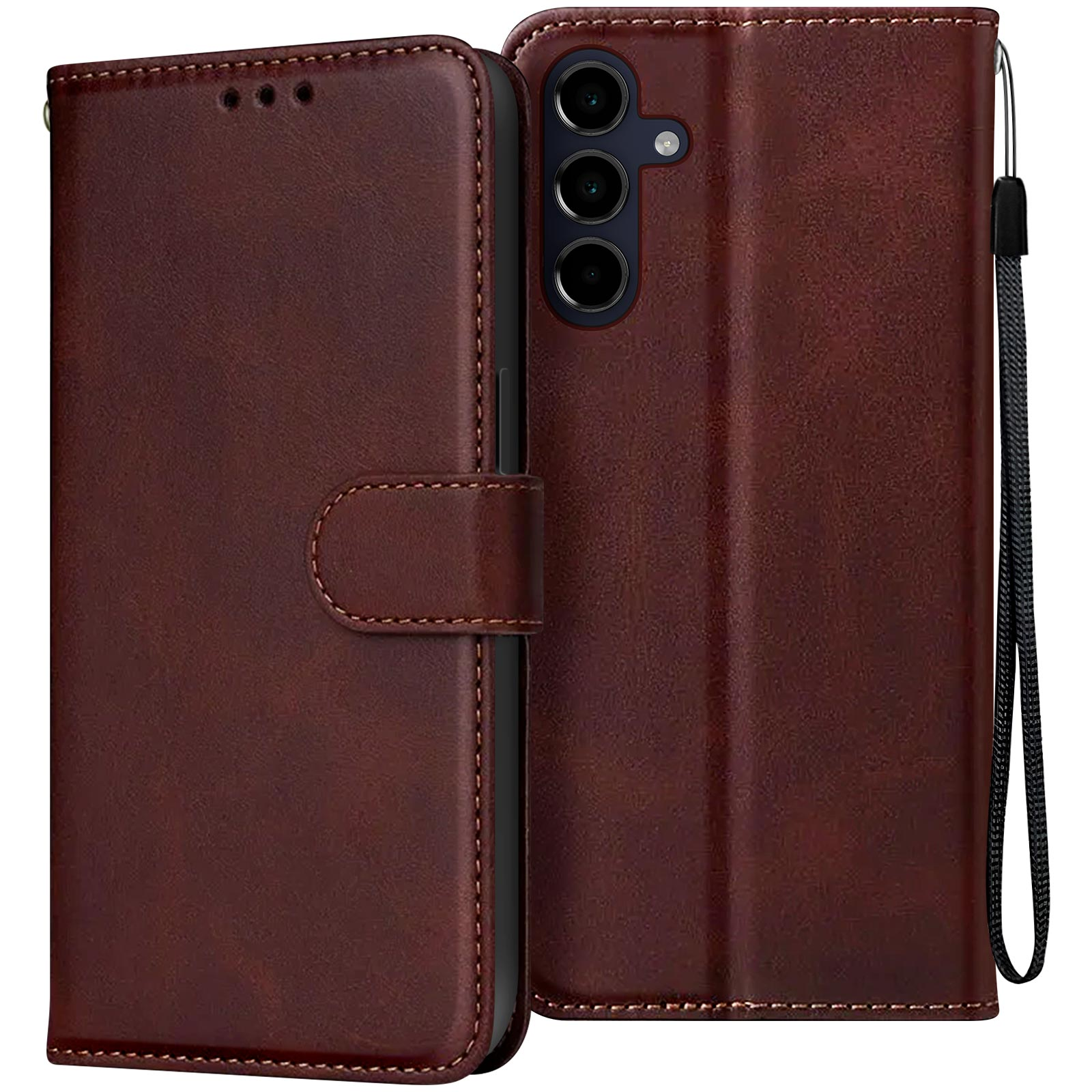Una custodia in pelle marrone per telefono con chiusura magnetica e cinturino da polso, aperta e chiusa.
