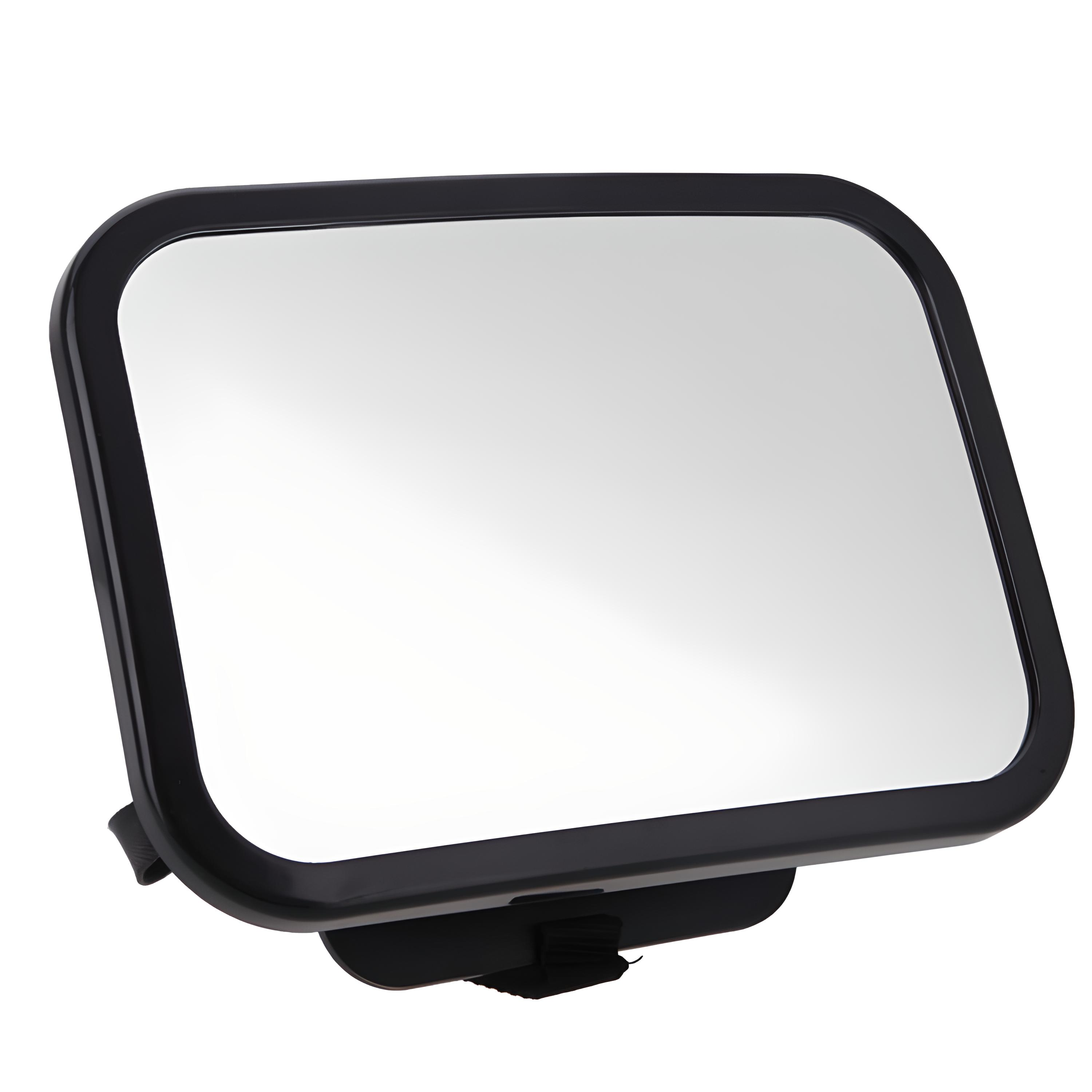 Schwarzer Autositzspiegel. Reflektierende Oberfläche, rechteckige Form und schwarzer Rahmen.