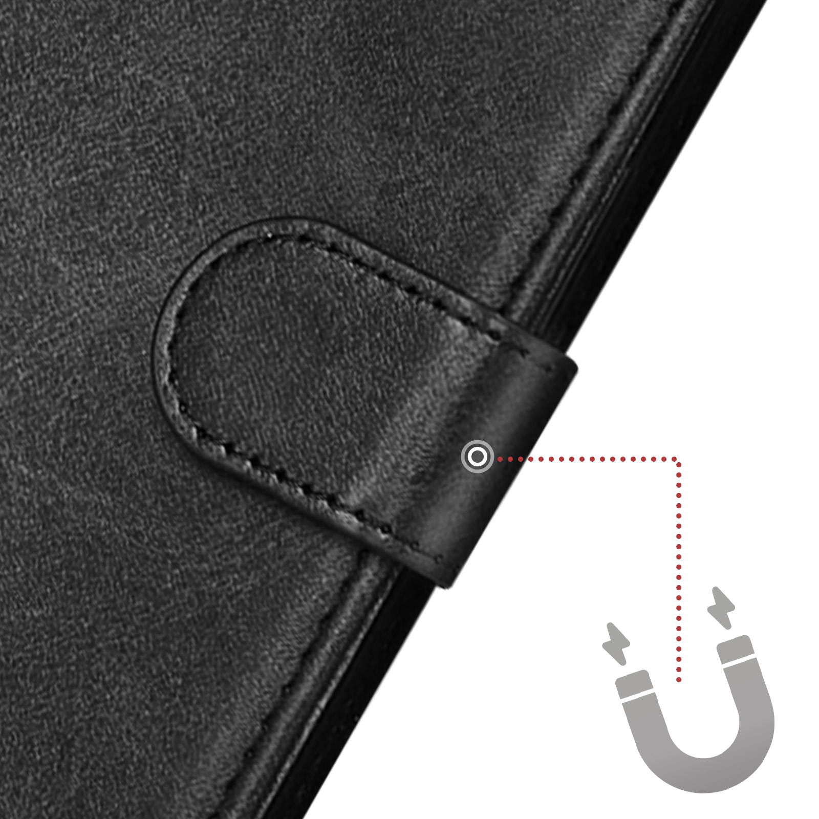 Quaderno in pelle nera con chiusura magnetica. Un simbolo a calamita punta alla chiusura.