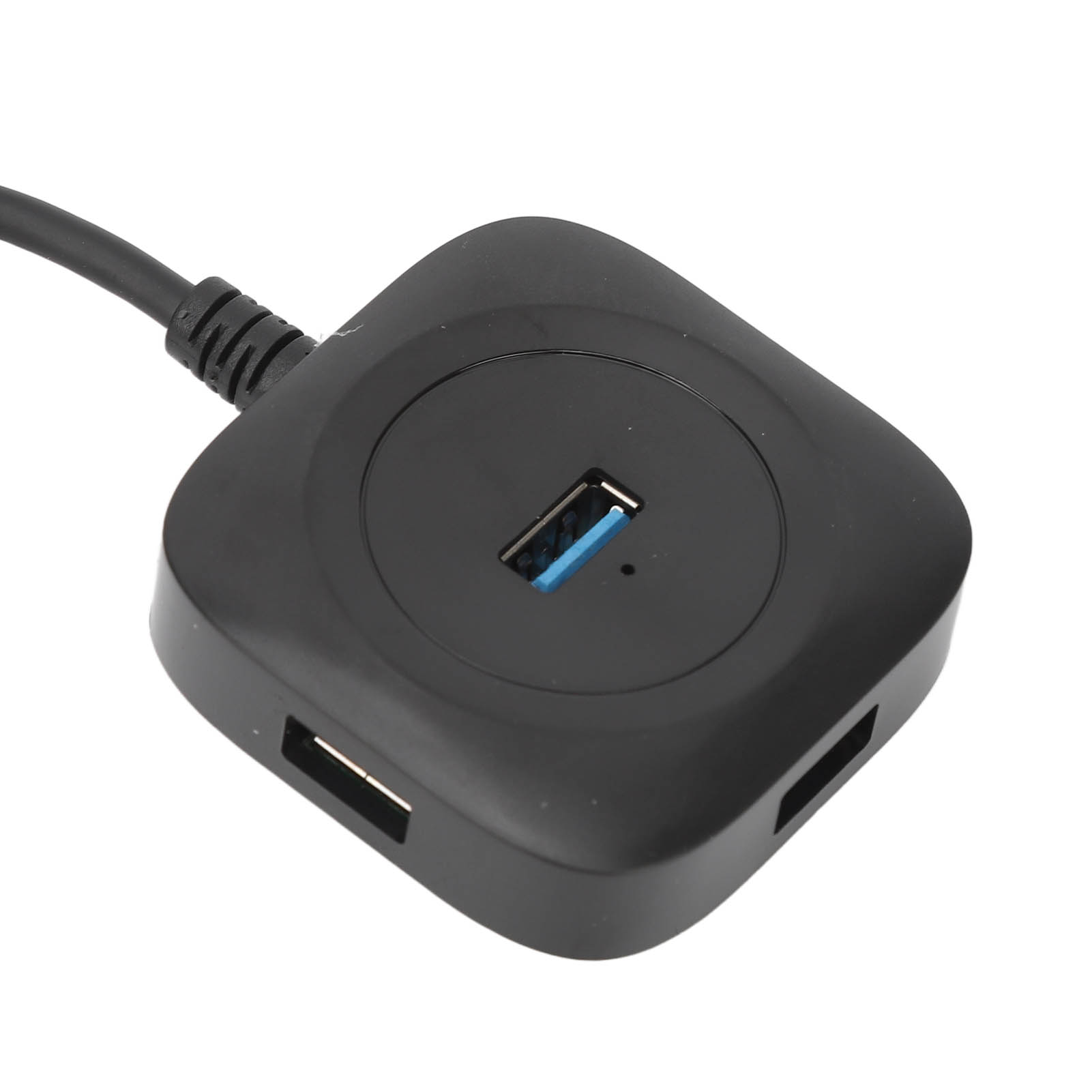 Schwarzer USB-Hub mit vier Anschlüssen und einem einzigen USB-Anschlusskabel.