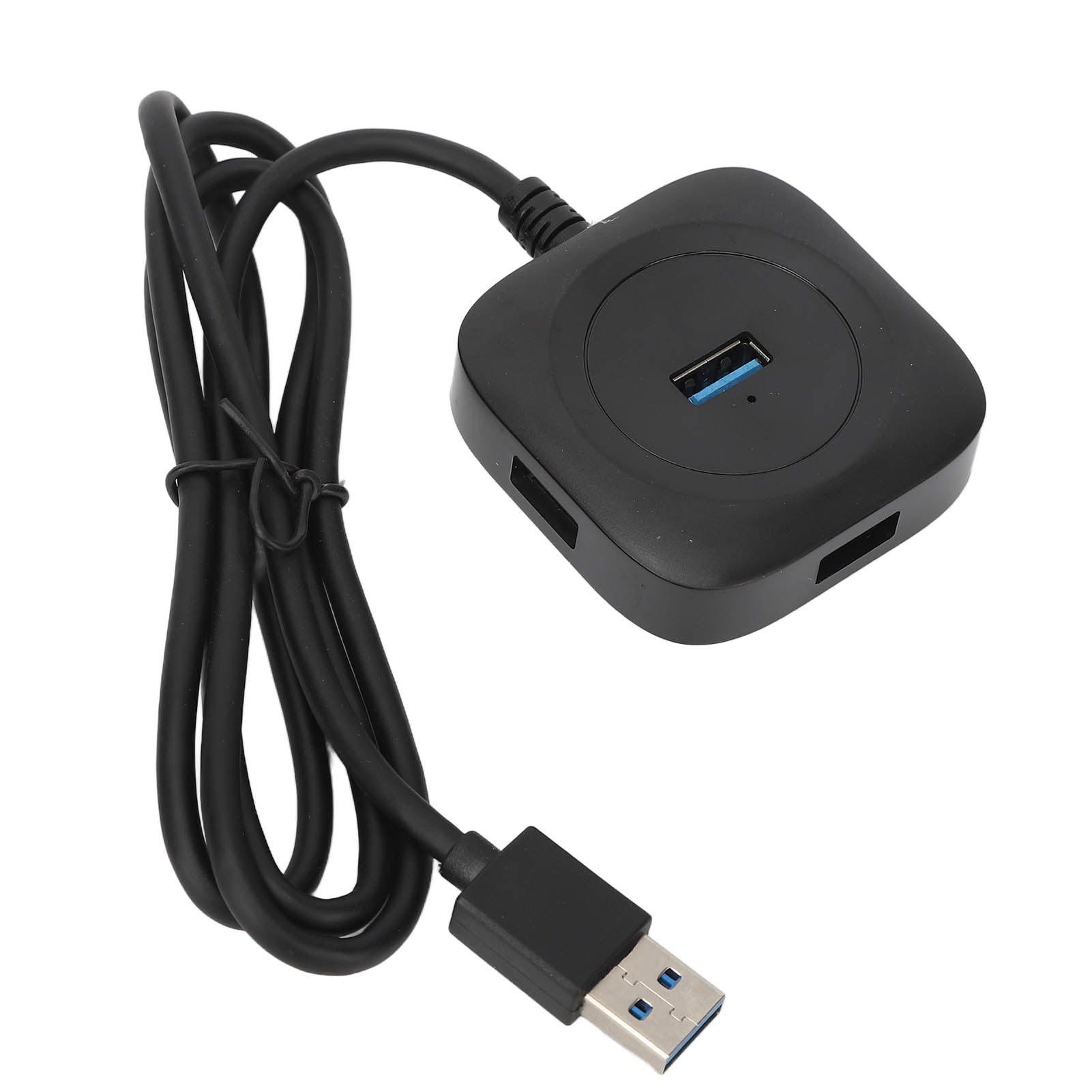 Schwarzer USB-Hub mit vier Anschlüssen und angeschlossenem Kabel.
